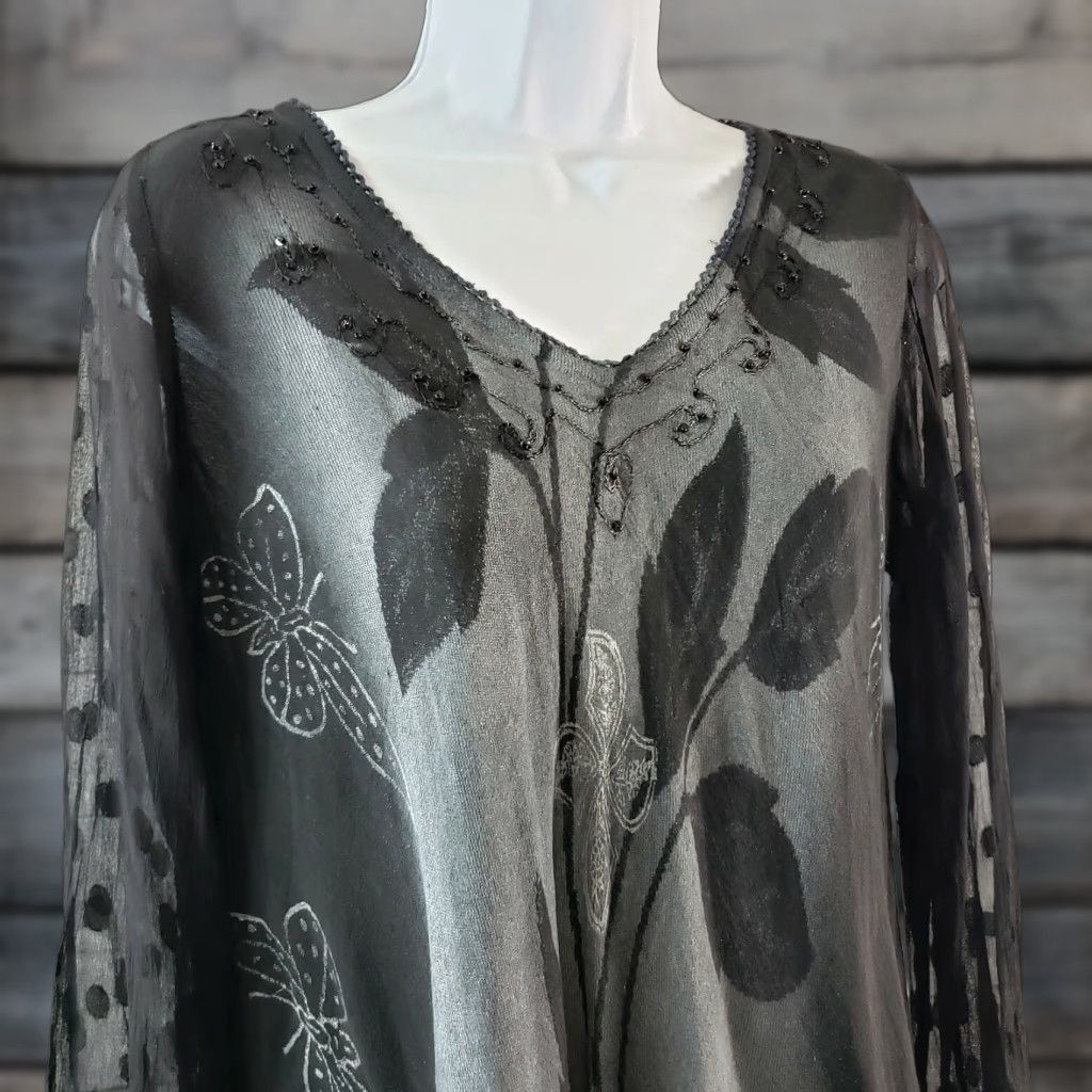 Vintage Greater Good Womens Top Sz S/M Black Gray Butterflies Semi Sheer Long Sleeve Blouse Mens Womens Size S / US 4 / IT 40 - 1 Thumbnail