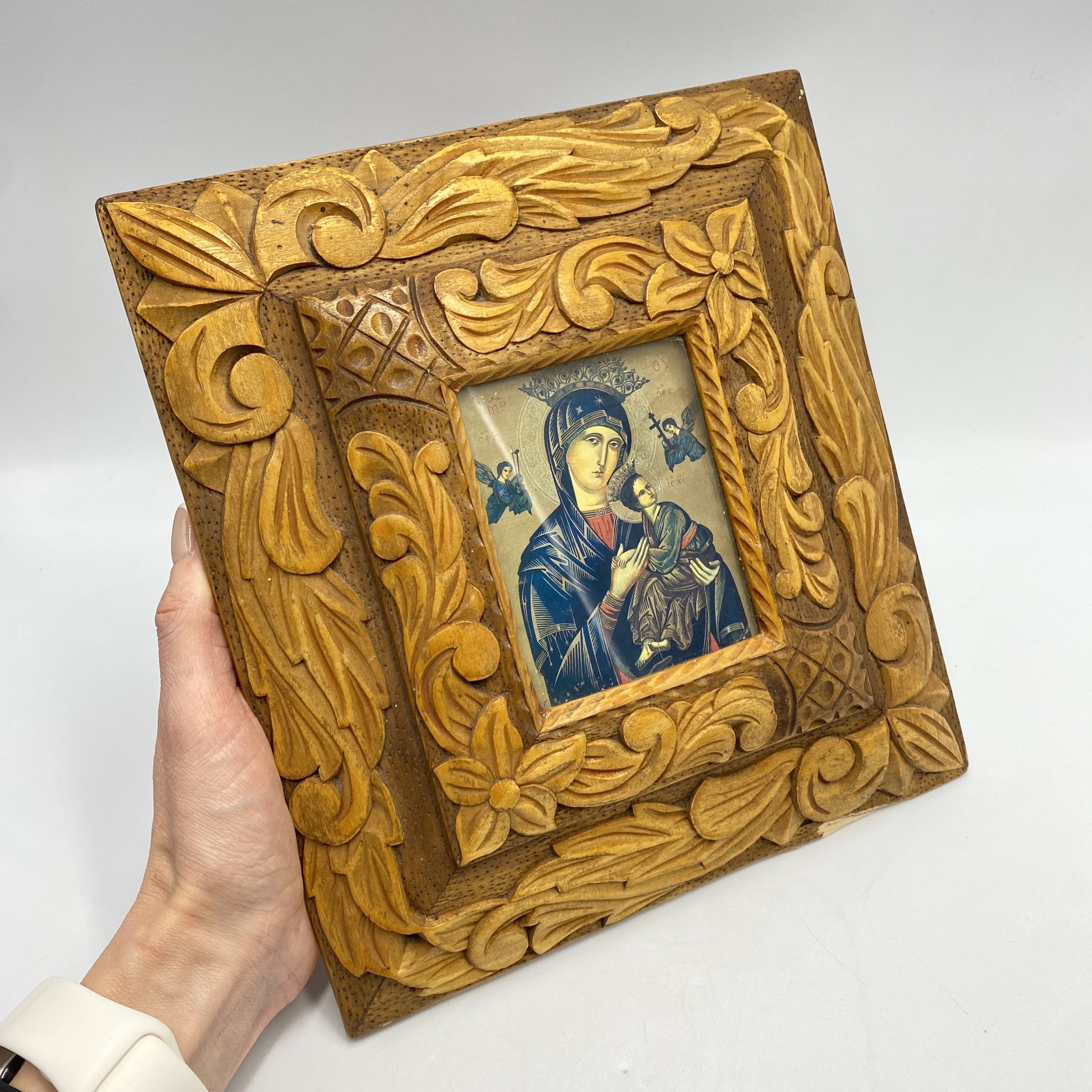 Vintage Vintage Orthodox Icon Virgin Mary Child Jesus Hand Carved Size ONE SIZE - 3 Thumbnail