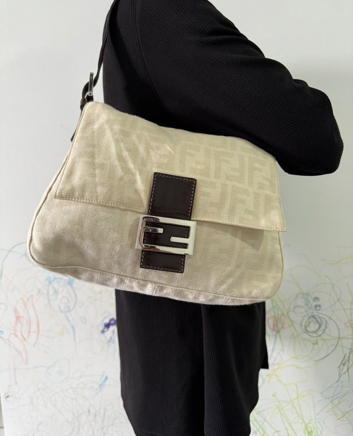 Fendi Cream Baguette Monogram Shoulder Bag in Beige, Women's