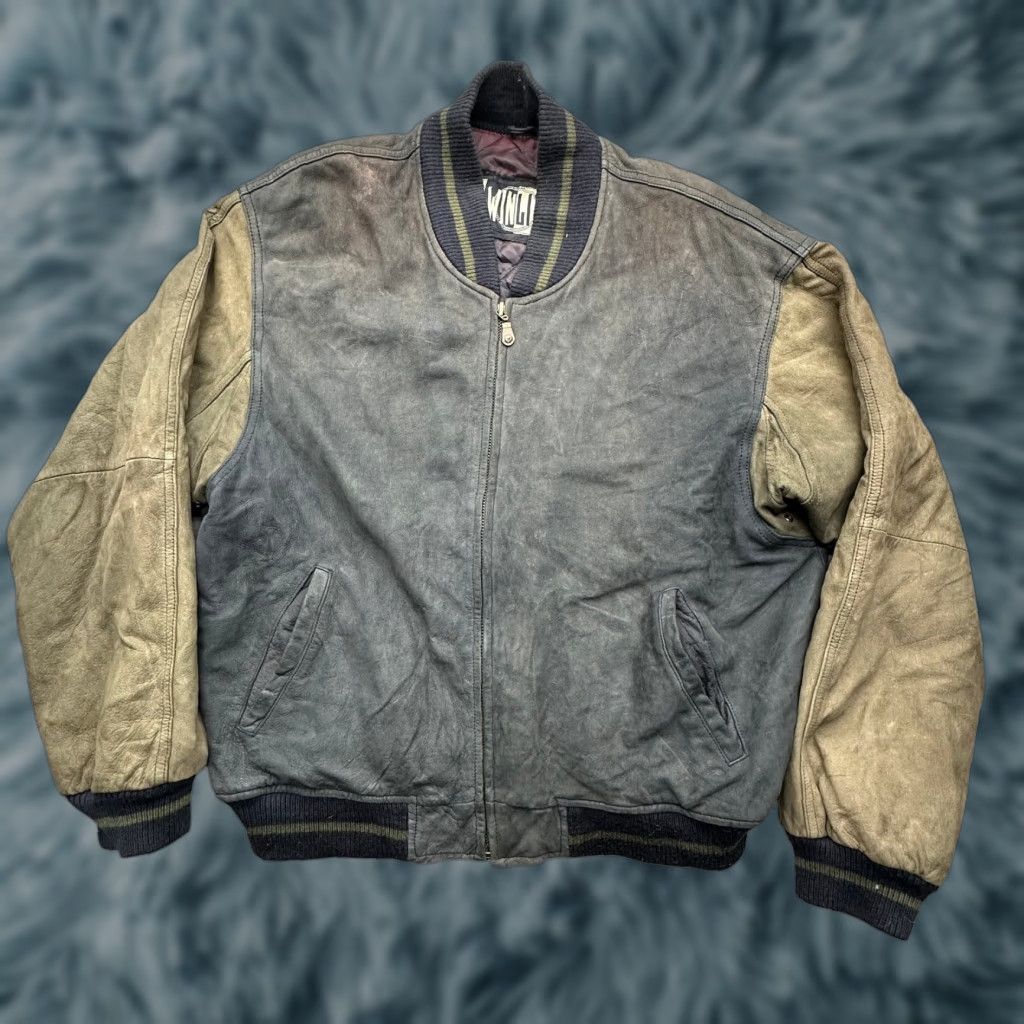Vintage VINTAGE Winlit Two Tone Varsity Bomber Leather Jacket Men Large Gray Quilt Lined Size US L / EU 52-54 / 3 - 1 Thumbnail
