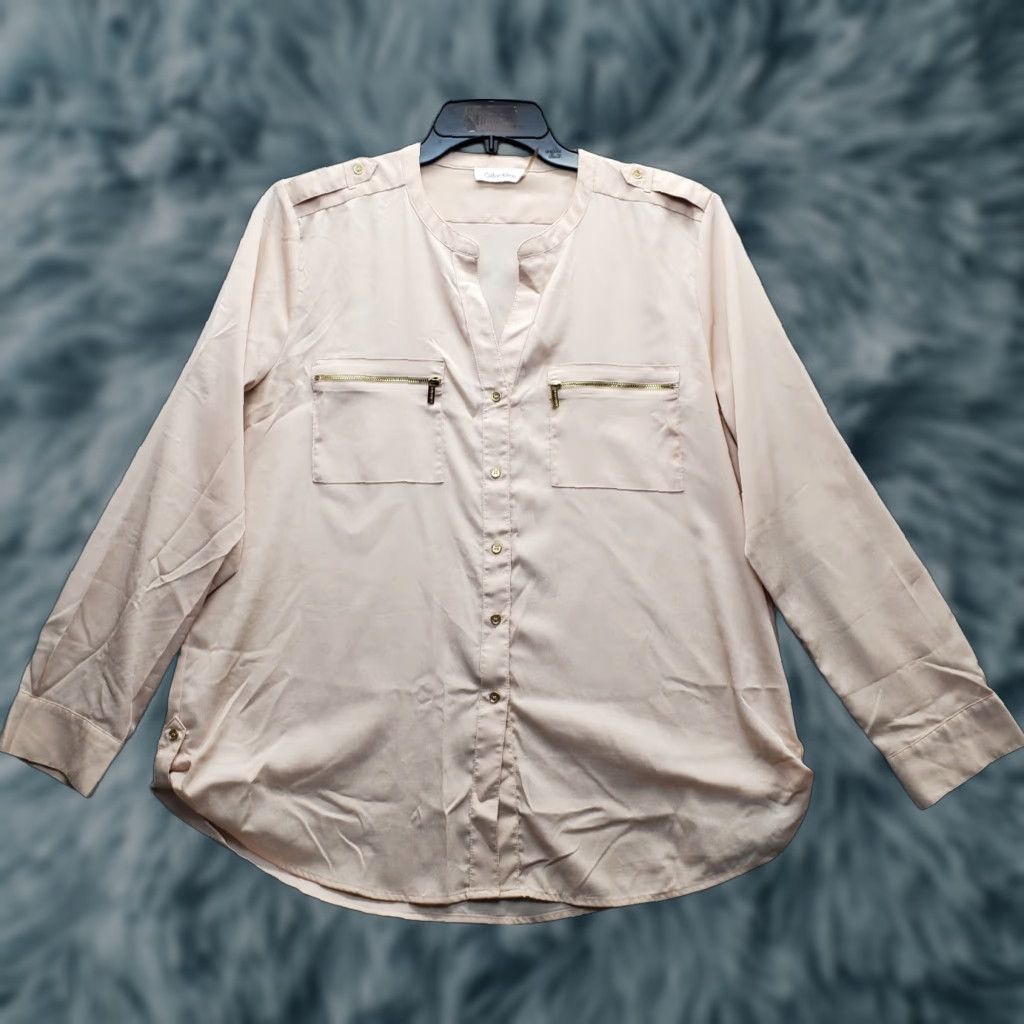 Calvin Klein Calvin Klein Blouse Womens XL Pink Roll Tab Sleeve Zipper Pockets Button Front Shirt Womens XL Pink Blouse Size XL / US 12-14 / IT 48-50 - 1 Thumbnail