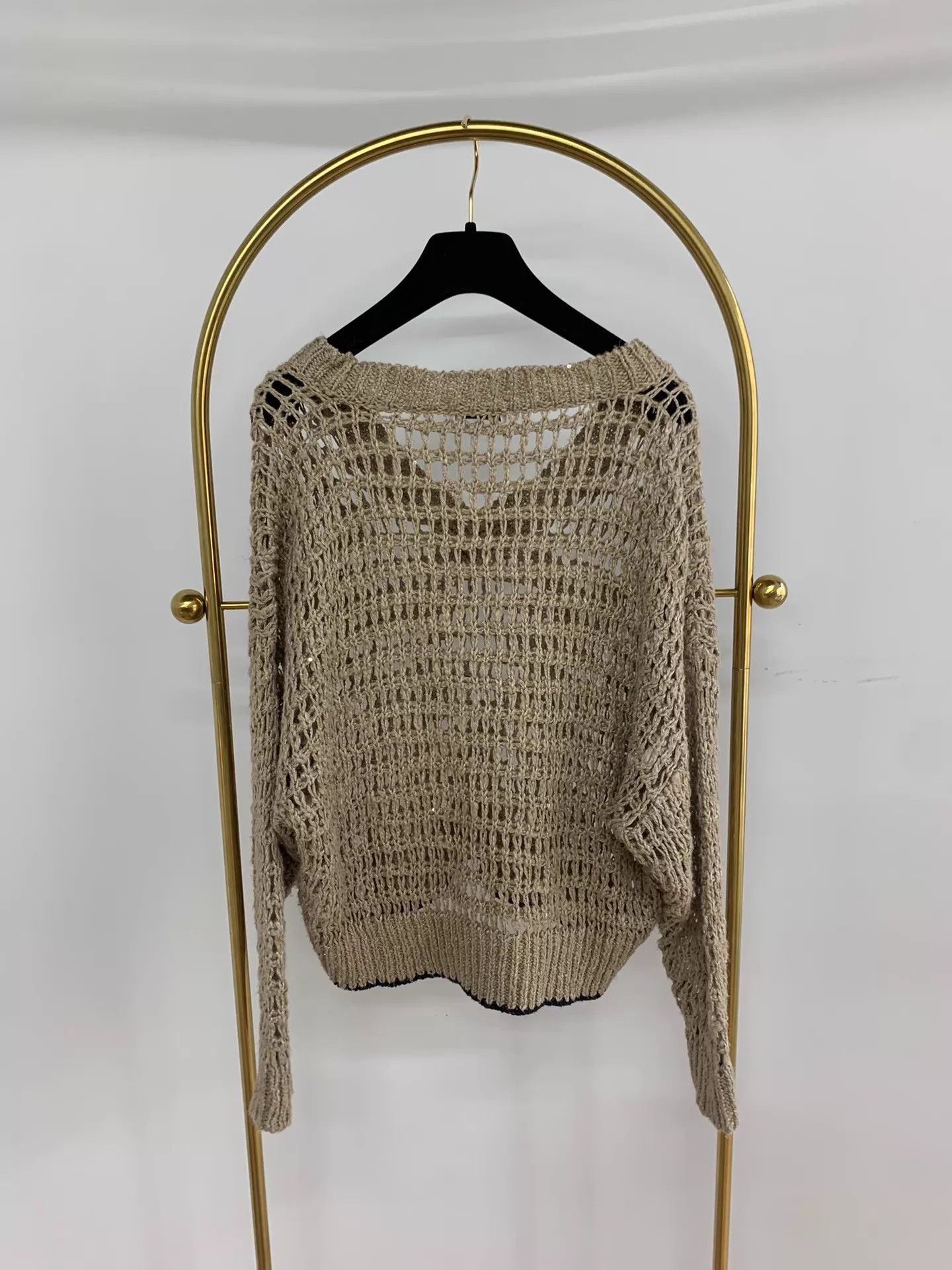 Brunello Cucinelli Brunello Cucinelli Khaki V-Neck Sequin Cutout Knit Sweater Size XS / US 0-2 / IT 36-38 - 3 Thumbnail
