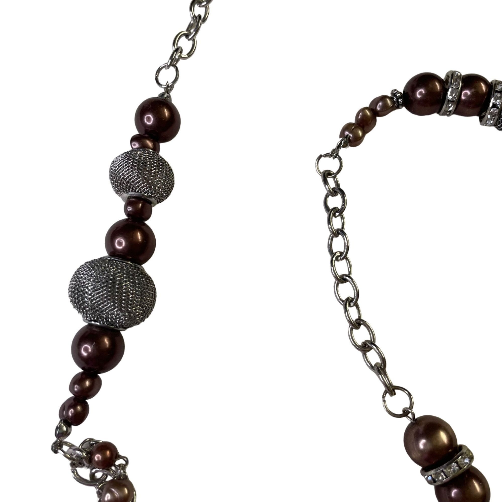 Other Long Silver Tone Chain Necklace Brown Beads Mesh Accents Fas Size ONE SIZE - 3 Thumbnail