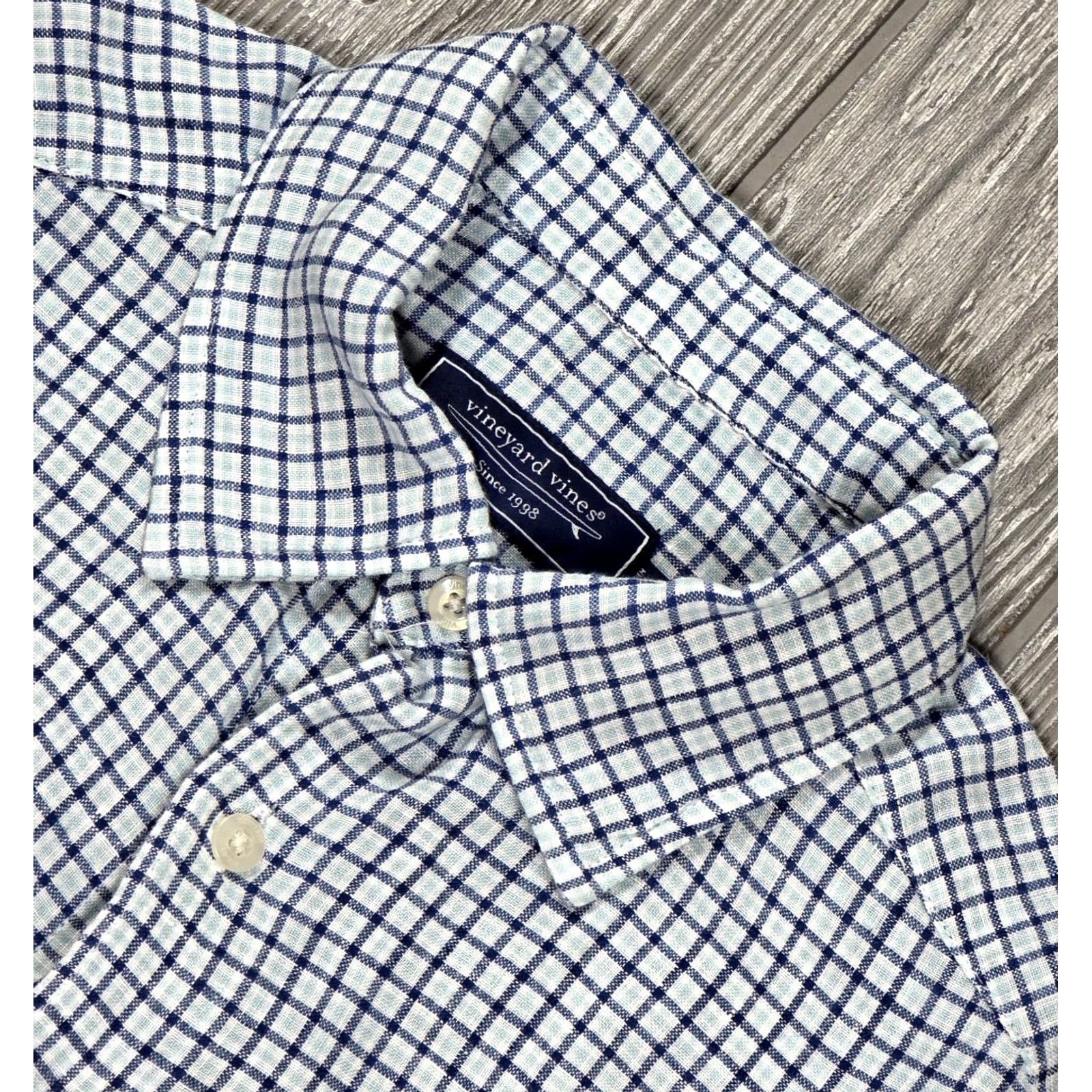Vineyard Vines Vineyard Vines Button-Up Shirt Mens S Long Sleeve Tattersall Plaid Linen Blue White Shirt Size US S / EU 44-46 / 1 - 5 Thumbnail