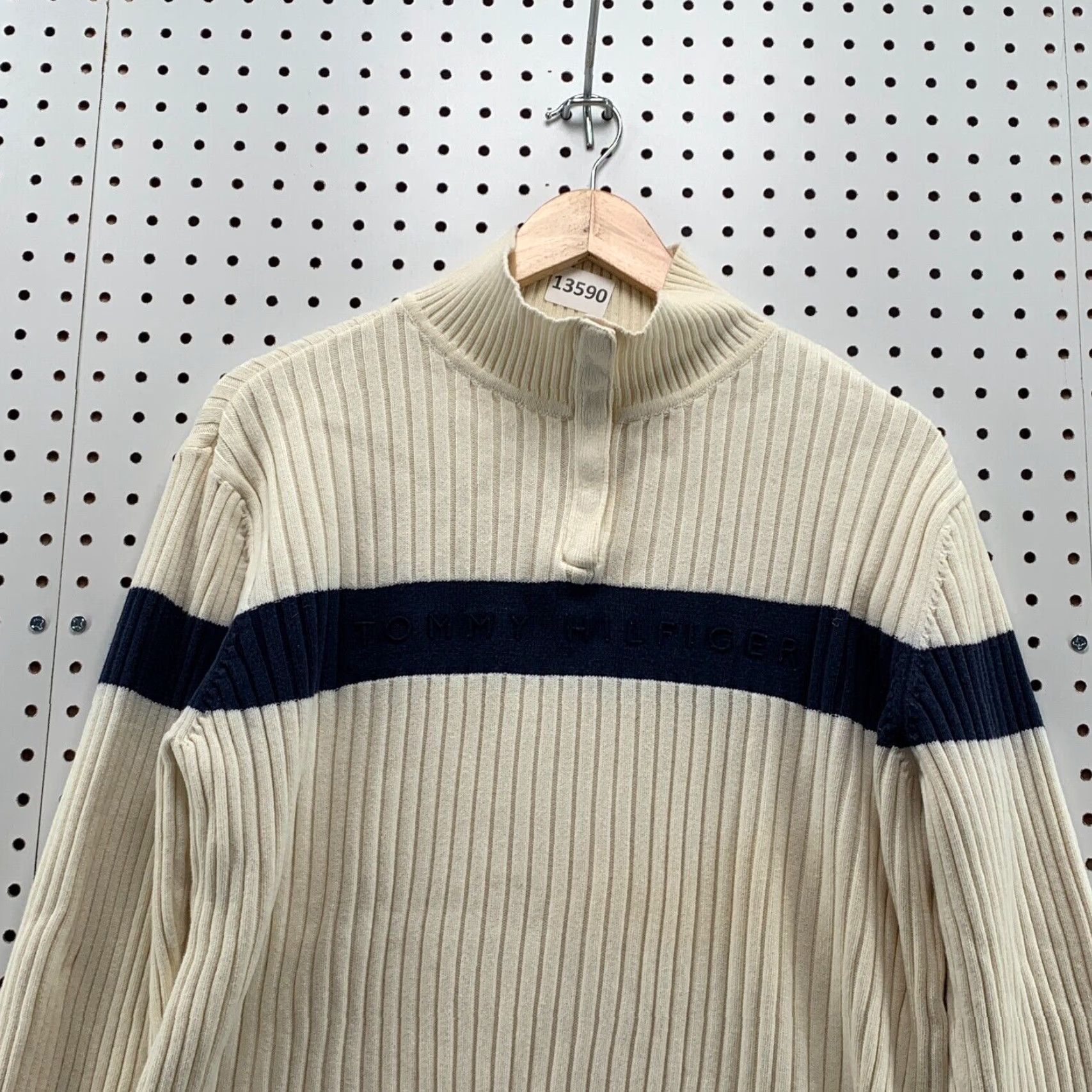 Tommy Hilfiger Tommy Hilfiger Ribbed Knit 1/4 Snap Sweater Striped Beige Blue Womens 2XL Mock Neck 90s Pullover Size XXL / US 16-18 / IT 52-54 - 2 Thumbnail