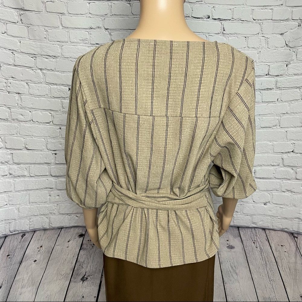 Zara Zara Trafaluc Puff Sleeve Beige Stripes Waist Tie Top Size Size M / US 6-8 / IT 42-44 - 6 Thumbnail