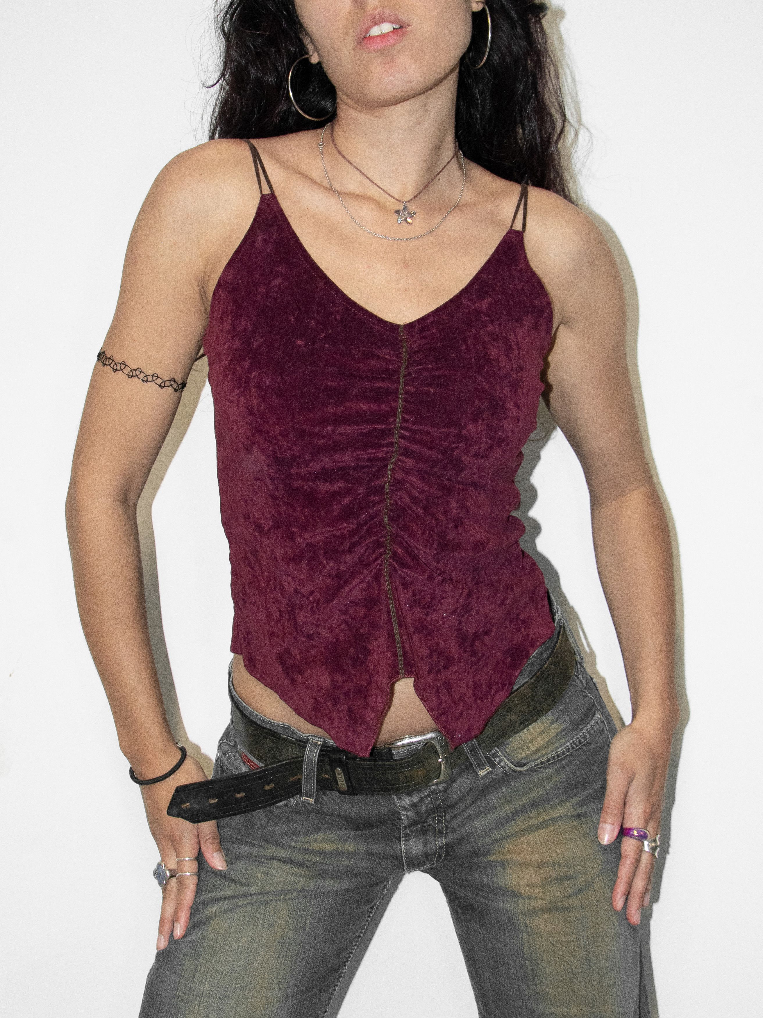 Vintage Vintage Y2k Ruched Faux Suede Burgundy Tank Top Size M / US 6-8 / IT 42-44 - 1 Thumbnail