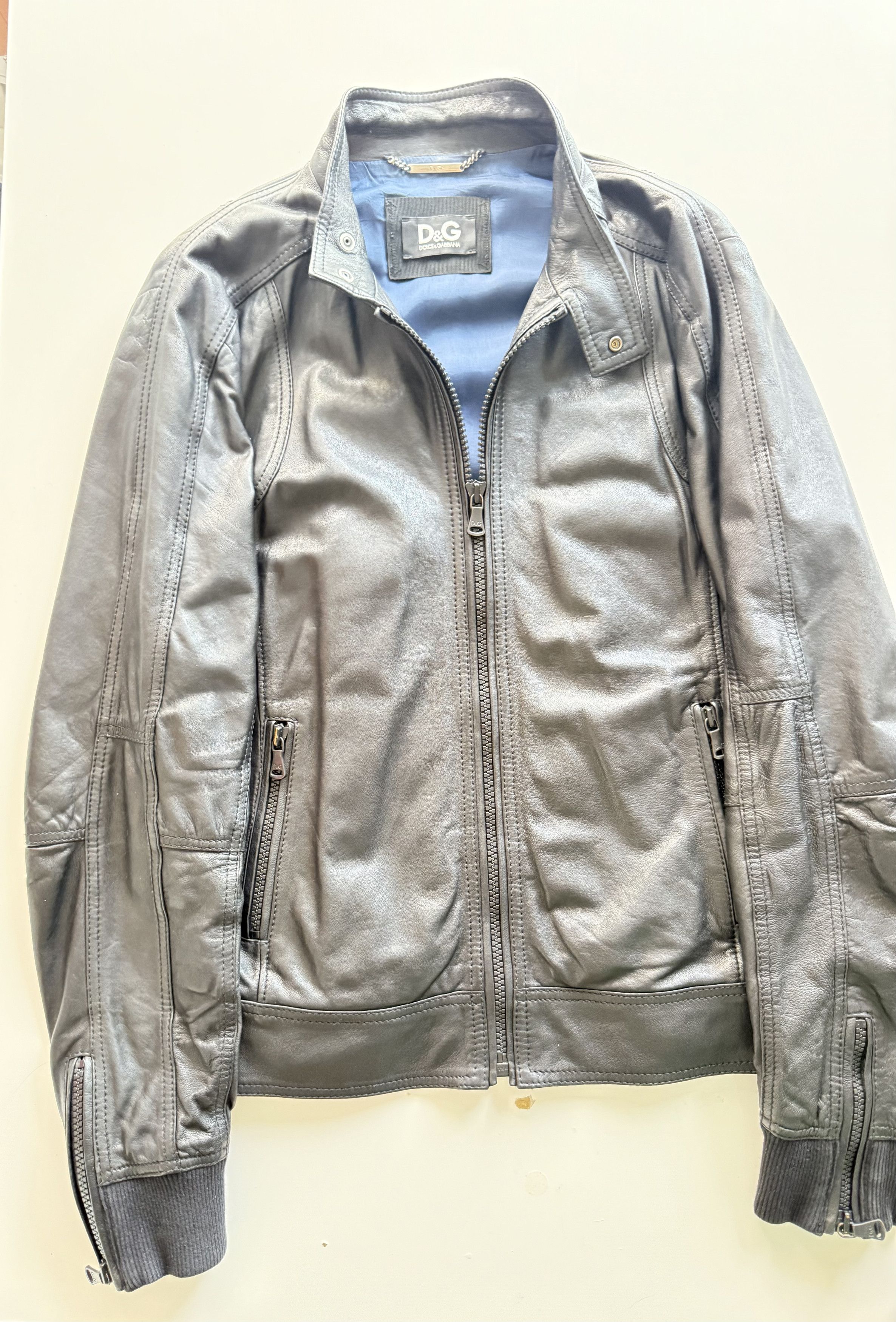 D&G Dolce & Gabbana Leather Biker Jacket EU Size 52 Unworn
