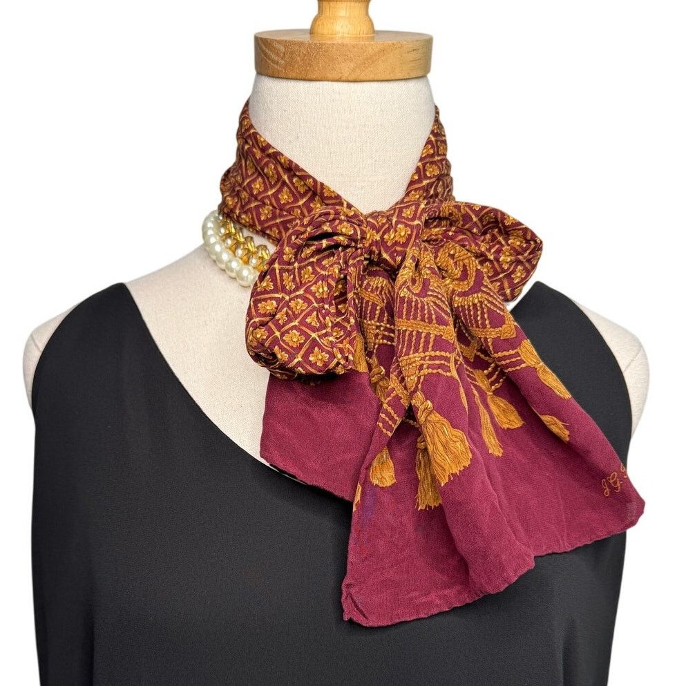 Vintage Vintage J.G. Hook silk floral tassel scarf maroon gold 48x10 Size ONE SIZE - 7 Thumbnail