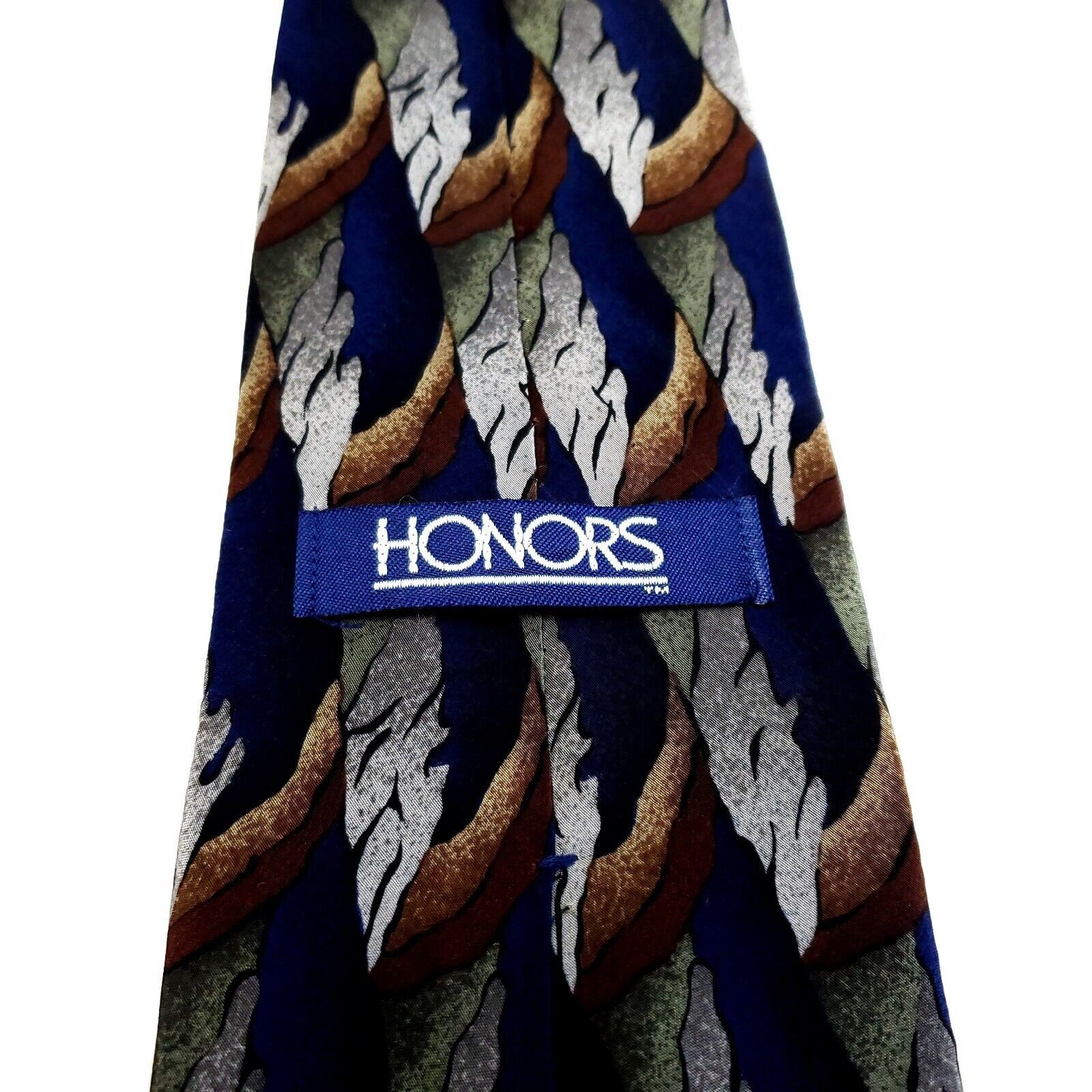 Designer Honors Silk Tie Print Blue Brown Gray Short Wide Size ONE SIZE - 4 Thumbnail