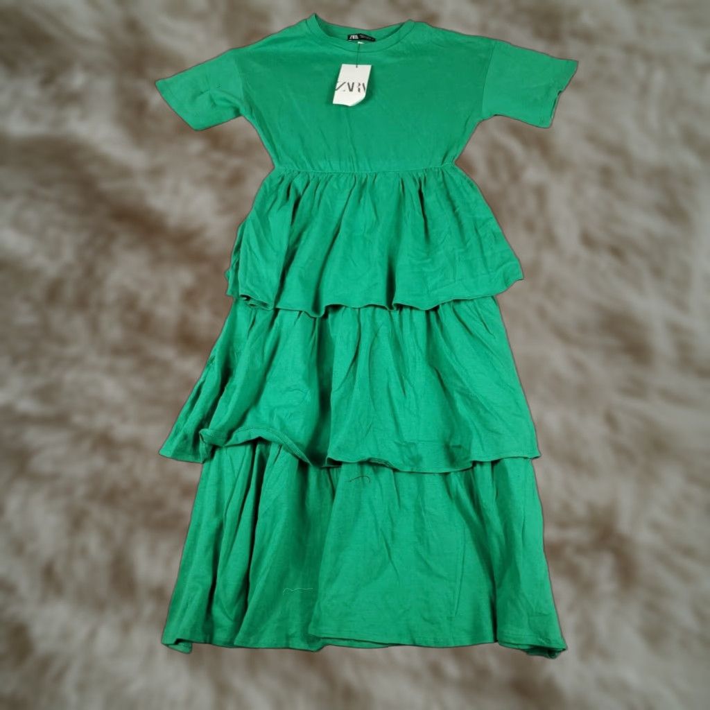 Zara Womens Green Midi Dress Small Layered Tiered Ruffled Short Sleeve  Cotton