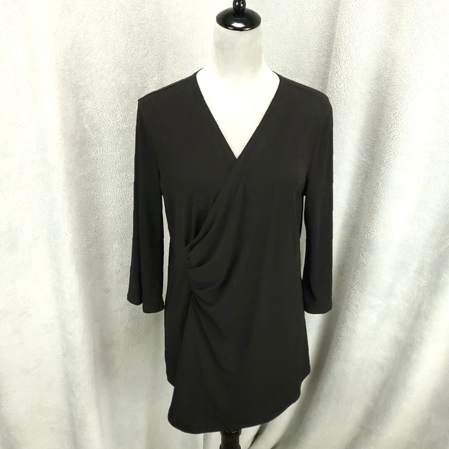 Vintage Clara Sun Woo Blouse Womens Large Black V-Neck Faux Wrap Draped Ruched Top Size L / US 10 / IT 46 - 2 Thumbnail