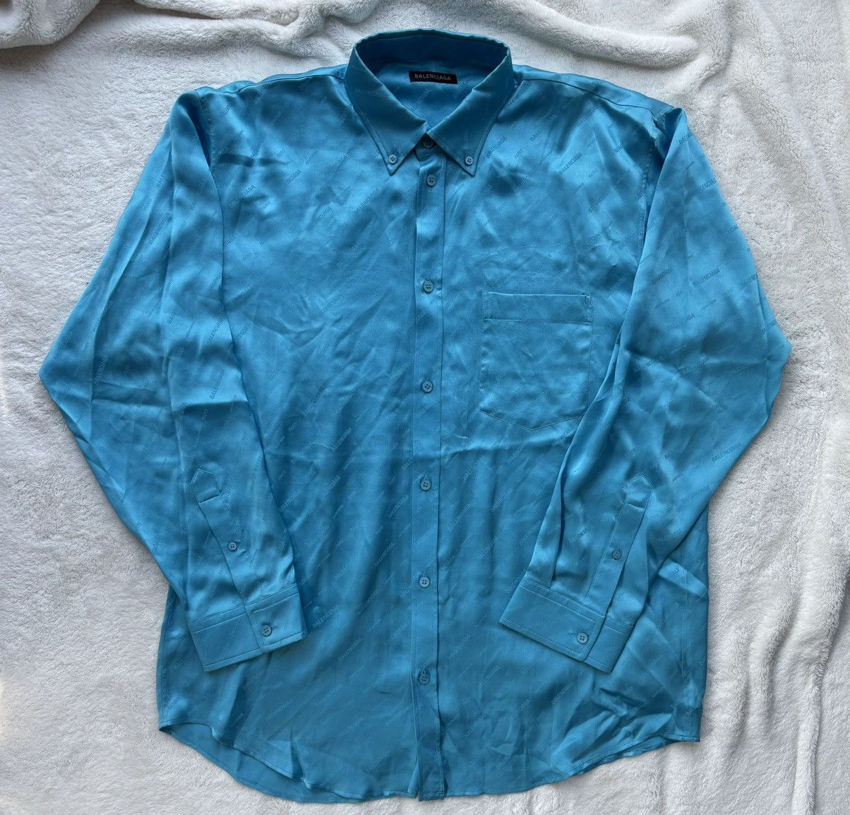 Balenciaga Blue Silk ‘All Over Logo’ Button Up Shirt