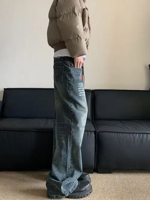 VIBE Blue washed distressed letter print straight jeans Size US 32 / EU 48 - 2 Thumbnail