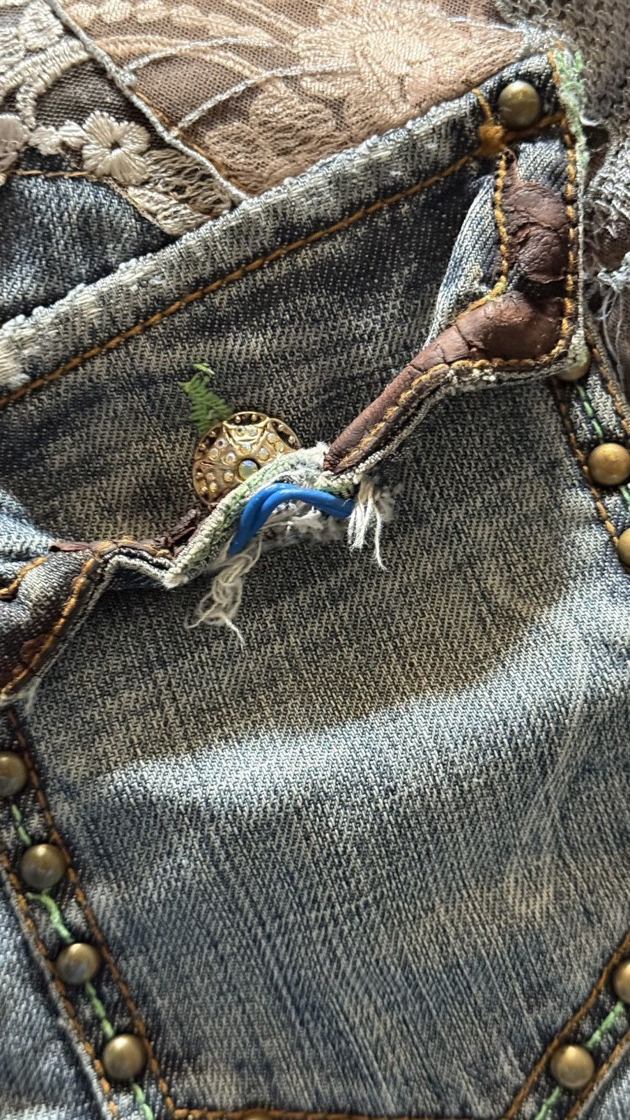 Japanese Brand Perfume by COOLA Distress Flare Denim Jeans Lace Patchwk Y2K Size 27" / US 4 / IT 40 - 12 Thumbnail