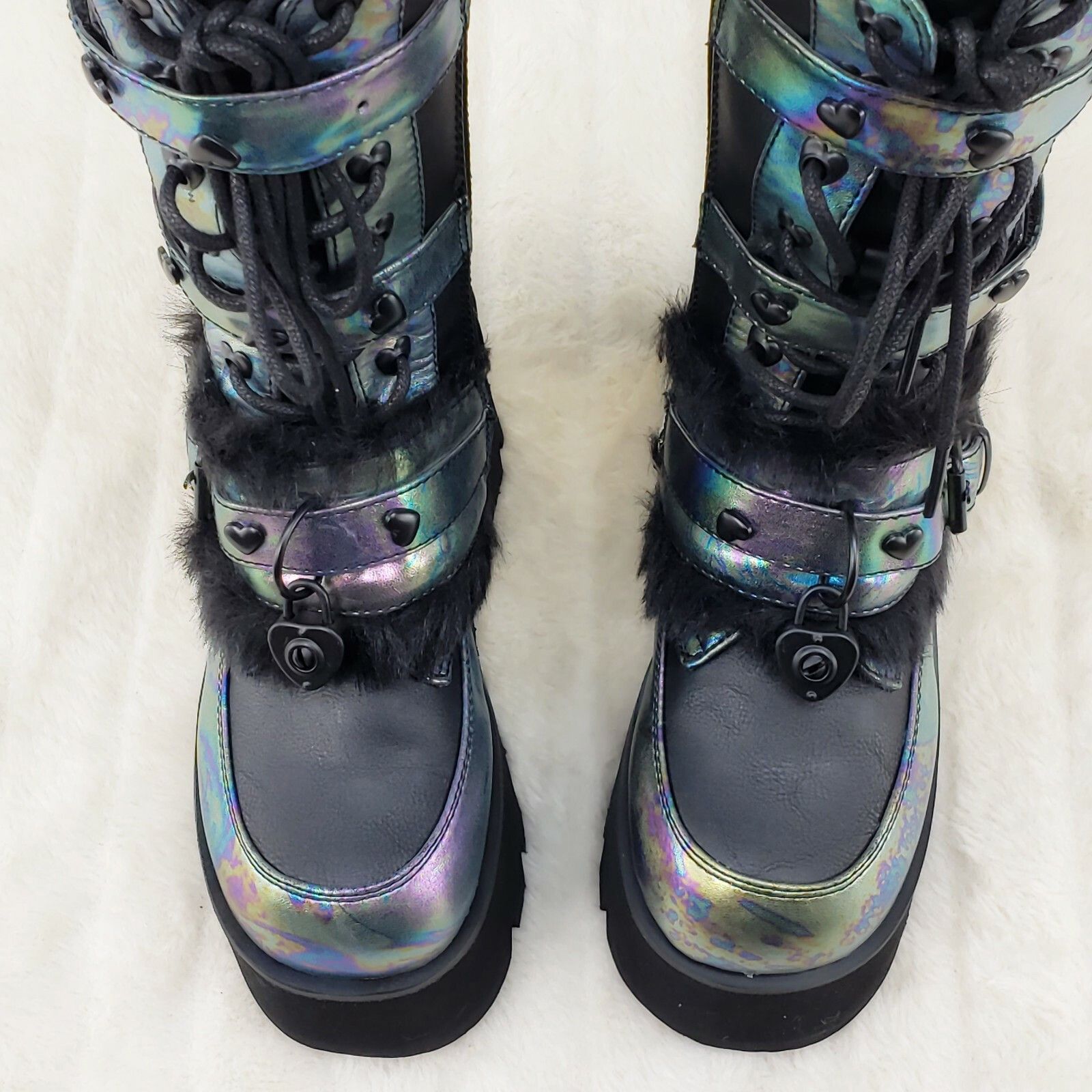 Demonia Cult DEMONIA Ashes 120 Black Faux Fur 3.5" Platform Heel Goth Pu Size US 11 / IT 41 - 4 Thumbnail