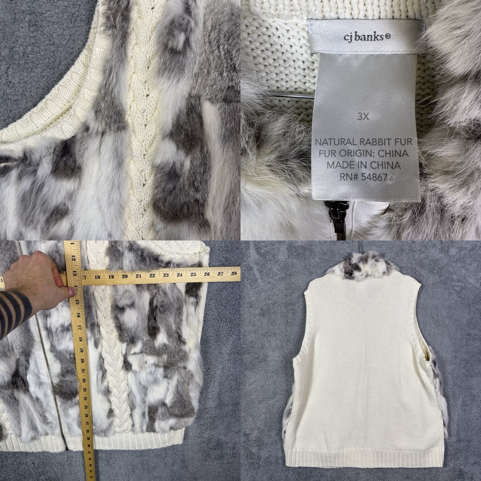 Vintage CJ Banks Sweater Womens 3X Real Rabbit Fur Cable Knit Full Zip Vest Cream Ivory Wool? Size XXL / US 16-18 / IT 52-54 - 8 Thumbnail