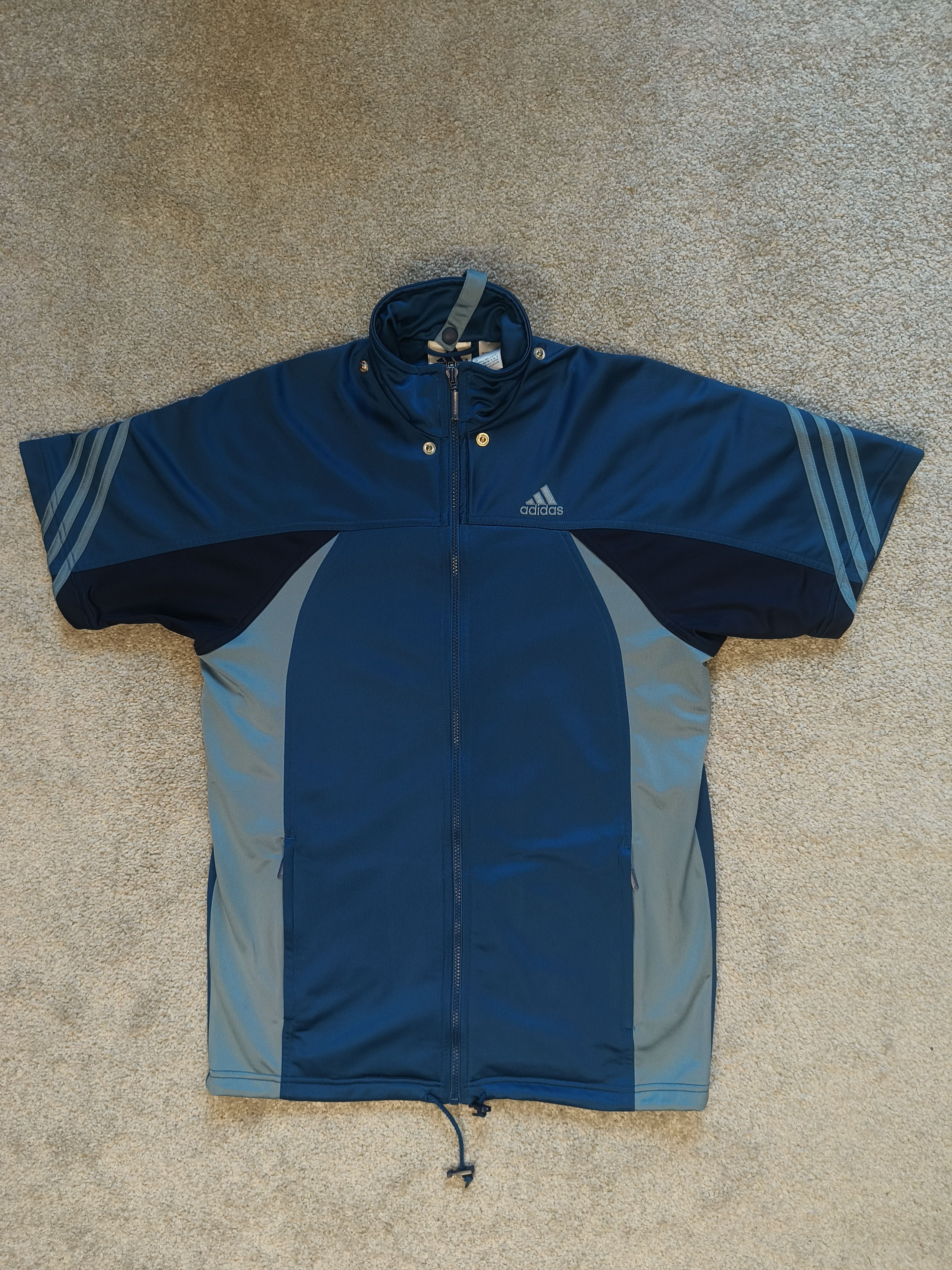 Adidas × Vintage Vintage Adidas Short Sleeve Track Jacket Navy Blue Stripes Size US XL / EU 56 / 4 - 1 Thumbnail