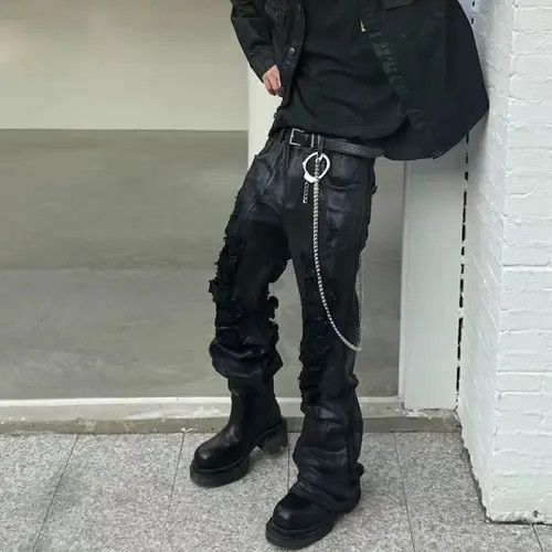 Japanese Brand High Street Ripped Damaged Coatted Wax Baggy Flare Size US 32 / EU 48 - 2 Thumbnail