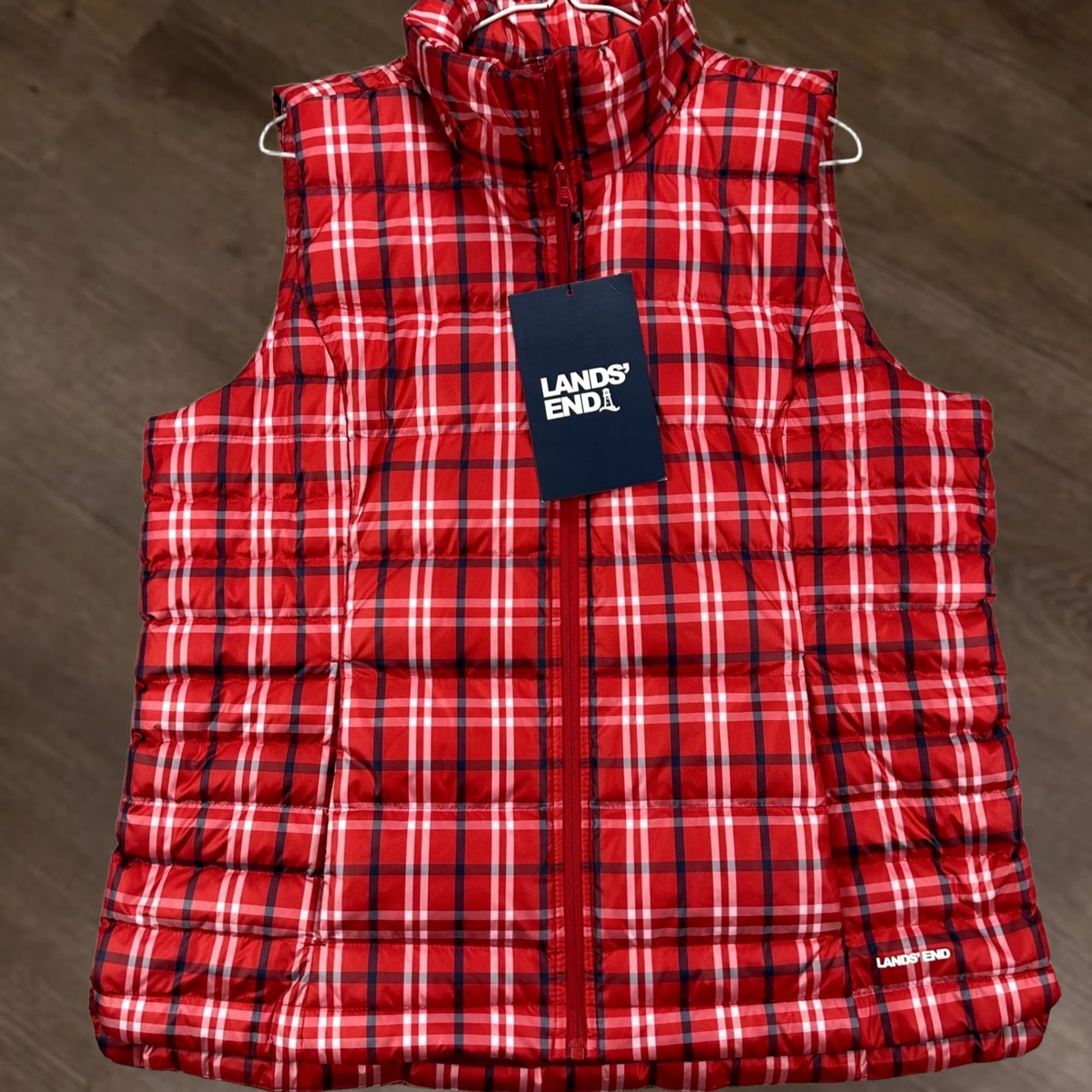 Lands' End VINTAGE Lands End Womens Large Vest Down Puffer Red Plaid 600 Fill Pocket Full Zip Size L / US 10 / IT 46 - 1 Thumbnail