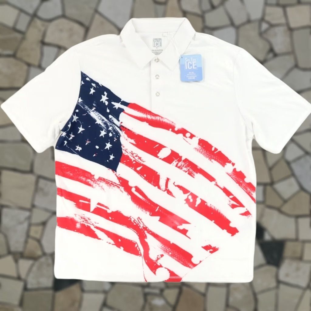 Vintage San Soleil USA Flag Sol Tek Ice Golf High Stretch Polo Shirt White Men's L Size US L / EU 52-54 / 3 - 1 Thumbnail