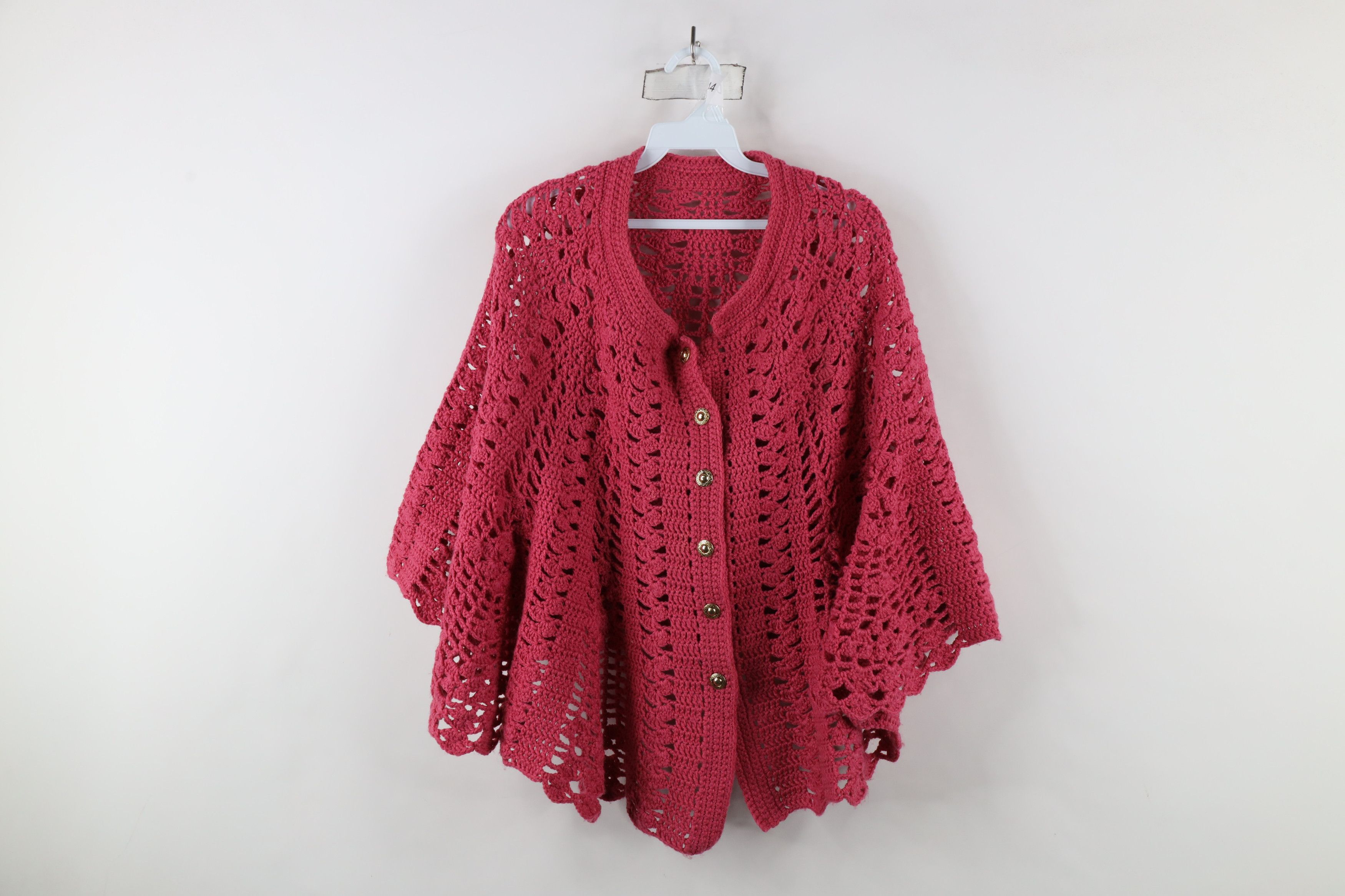 Vintage Vintage 50s 60s Streetwear Crochet Sweater Cape Poncho Pink Size ONE SIZE - 1 Thumbnail