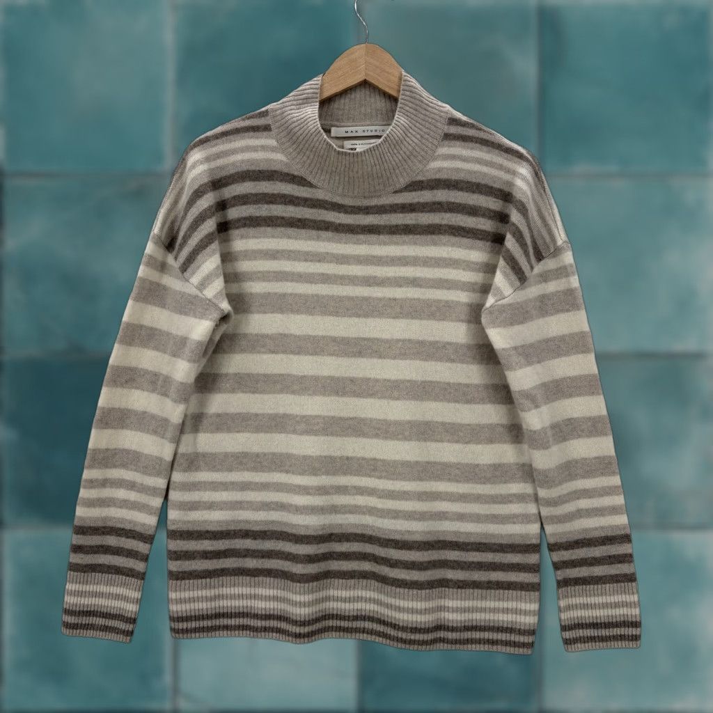 Vintage Max Studio Sweater Womens Medium Gray Stripe Mock Neck 100% Cashmere Knit Cozy Size M / US 6-8 / IT 42-44 - 1 Thumbnail