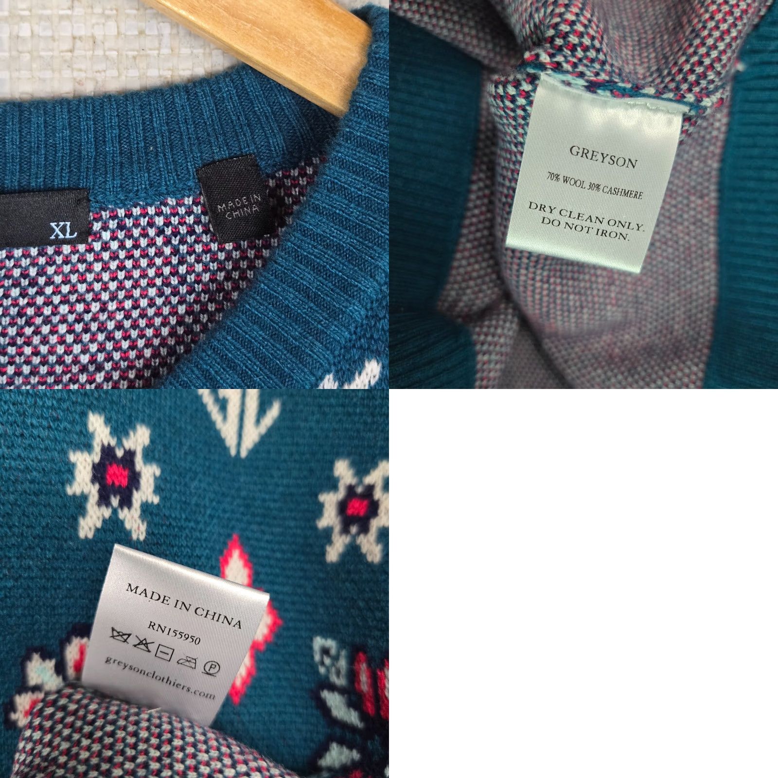 Vintage Greyson Mens Crew Neck Wool/Cashmere Blend Sweater XL Sea Green Casual All Seasons Geometric Aztec Western Theme Pullover Long Sleeve Regular Fit Size US XL / EU 56 / 4 - 10 Thumbnail