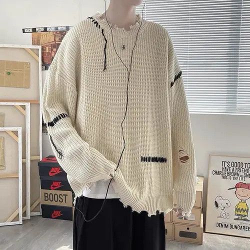 image of New 21Aw Hype Distressed Style Knitwear Jumper Sweatshirt in White, Men's (Size Medium)