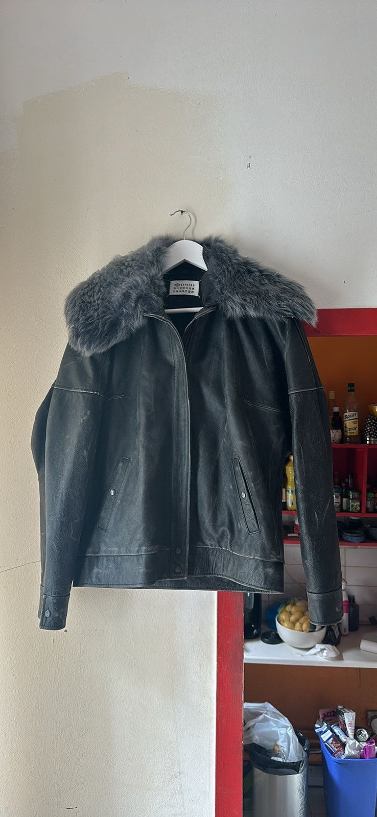 image of Maison Margiela Aw07 Rabbit Fur Collar Leather Jacket in Black, Men's (Size Medium)