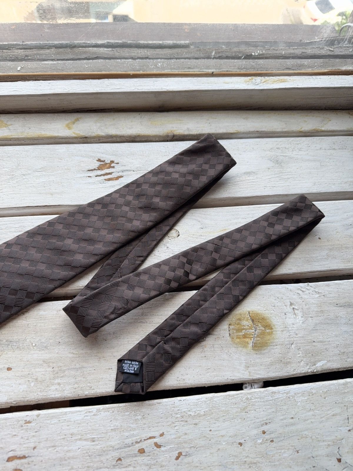 Designer × Hugo Boss Hugo Boss Brown Geometric Silk Tie Checkered Pattern Size ONE SIZE - 3 Thumbnail