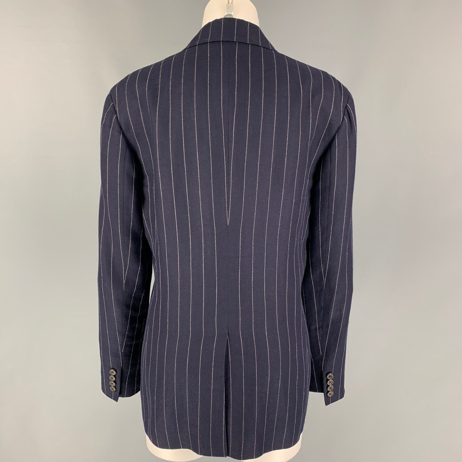 Ralph Lauren 12 Navy White Pinstripe Linen Blend Blazer Size XL / US 12-14 / IT 48-50 - 3 Thumbnail
