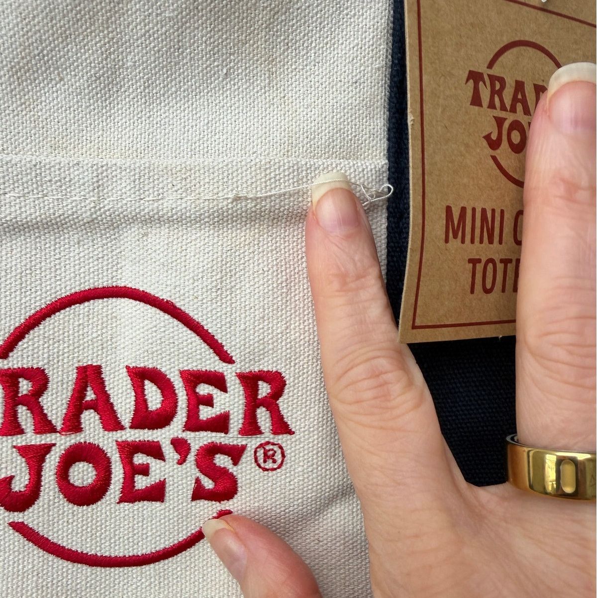 Other NWT Trader Joe’s Mini Canvas Tote Bag Navy Cream Red Logo Size ONE SIZE - 10 Thumbnail