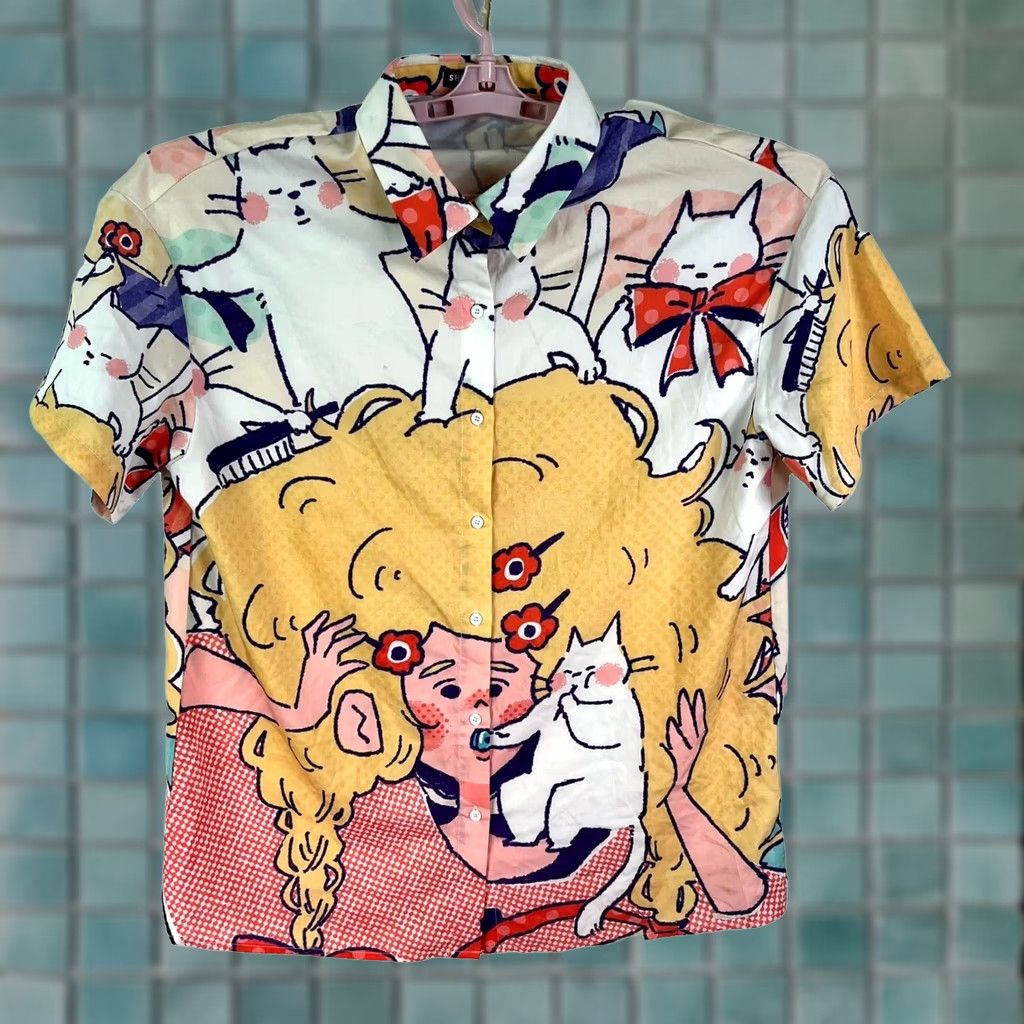 Shein SheIn Button-Up Shirt Womens Size S Short Sleeve Cat Pattern Multicolor Knit Double-Sided Collared Button-Up Casual Workwear 90s Cat Theme Womens Size S / US 4 / IT 40 - 1 Thumbnail