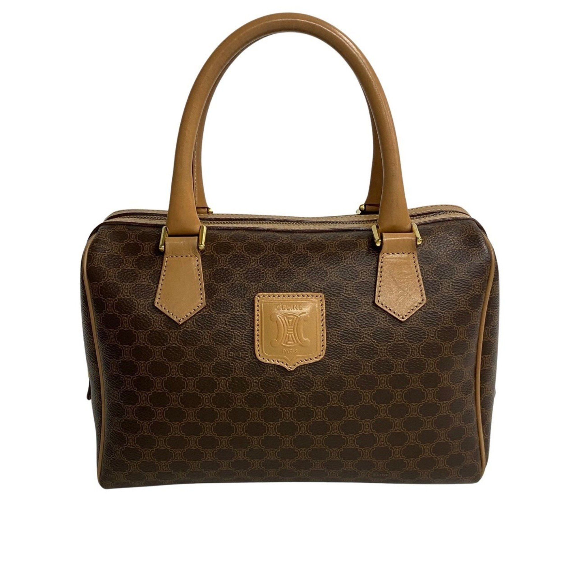 image of Celine Macadam Blason Triomphe Pattern Leather Handbag Boston Bag Brown 34543, Women's