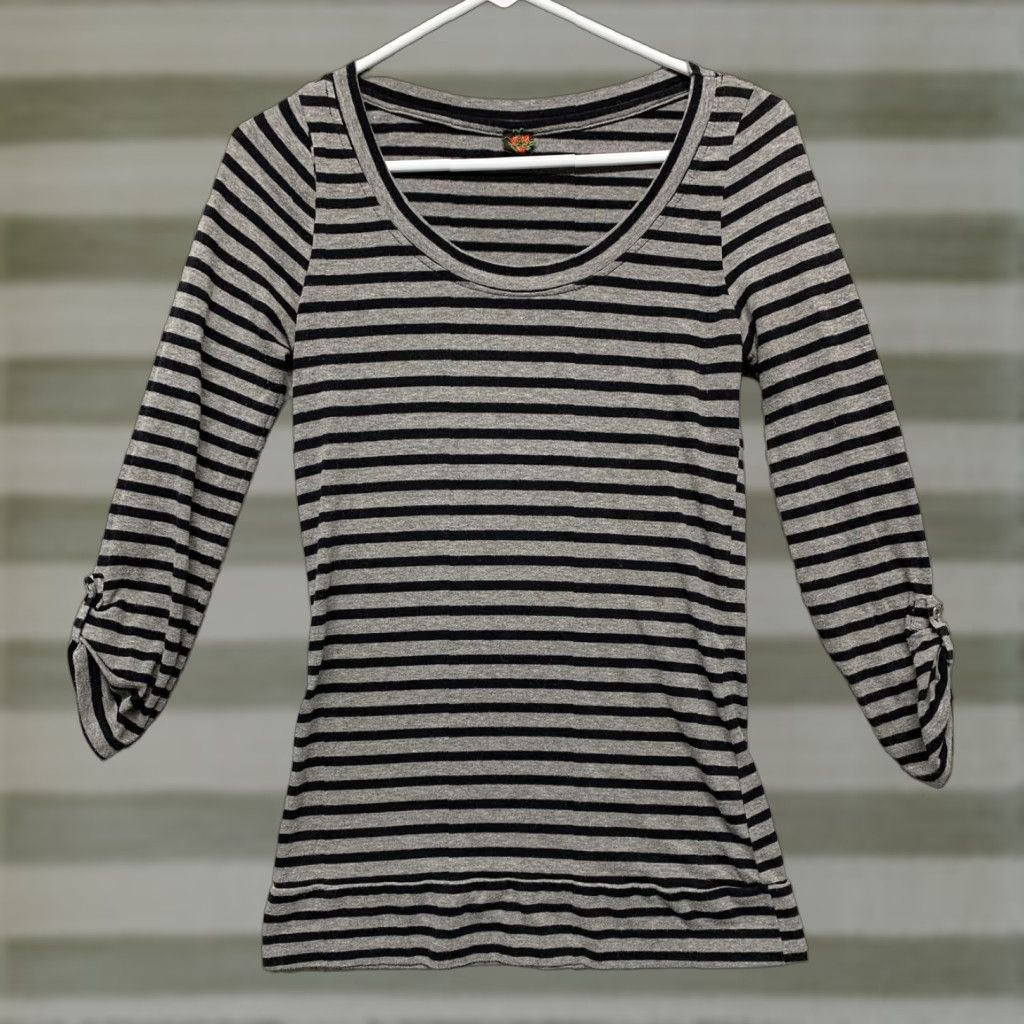 Vintage POOF Women’s Top Size M Gray Black Full Length Sleeves Button Stretch Shirt Women Regular Fit Long Sleeve Pullover Rounded Neck Size M / US 6-8 / IT 42-44 - 1 Thumbnail