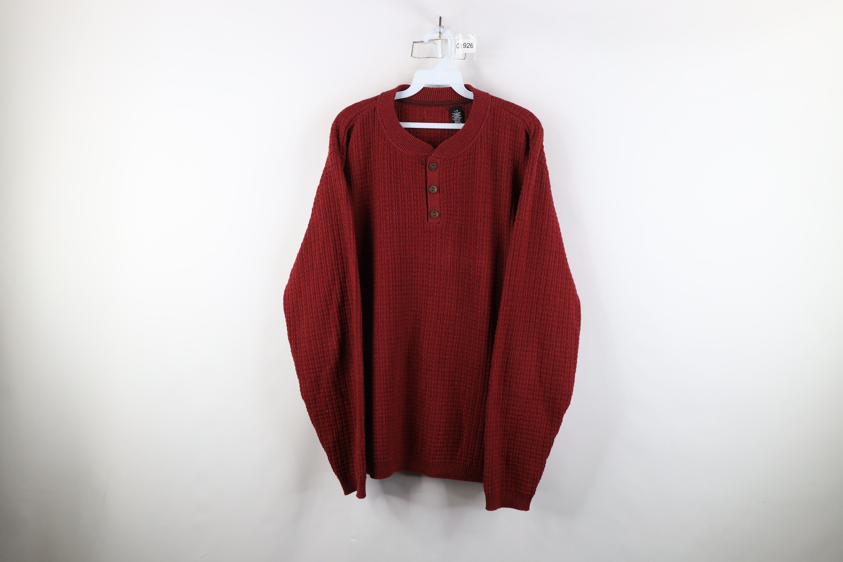 Vintage Vintage 90s Streetwear Waffle Knit Henley Sweater Red Size US L / EU 52-54 / 3 - 1 Thumbnail