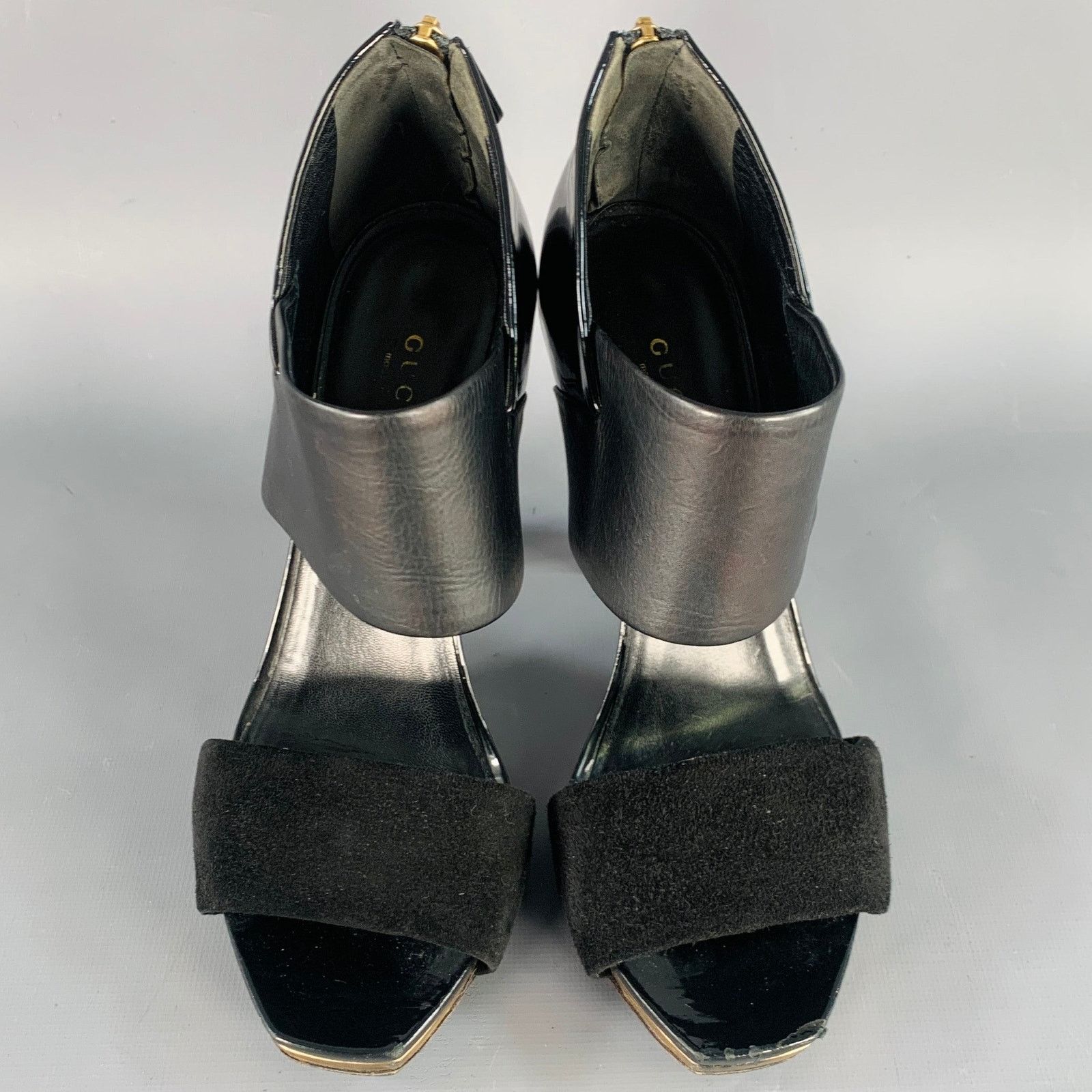 Gucci GUCCI Size 8.5 Black Gold Suede Patent Leather Ankle Sandals Size US 8.5 / IT 38.5 - 4 Thumbnail