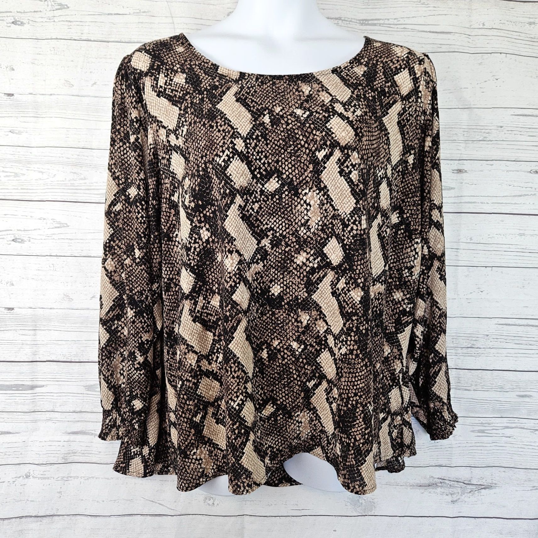 Vintage VINTAGE Peace & Pearls Womens Top 2X Blouse Long Sleeve Black Brown Snakeskin Print Size XXL / US 16-18 / IT 52-54 - 2 Thumbnail