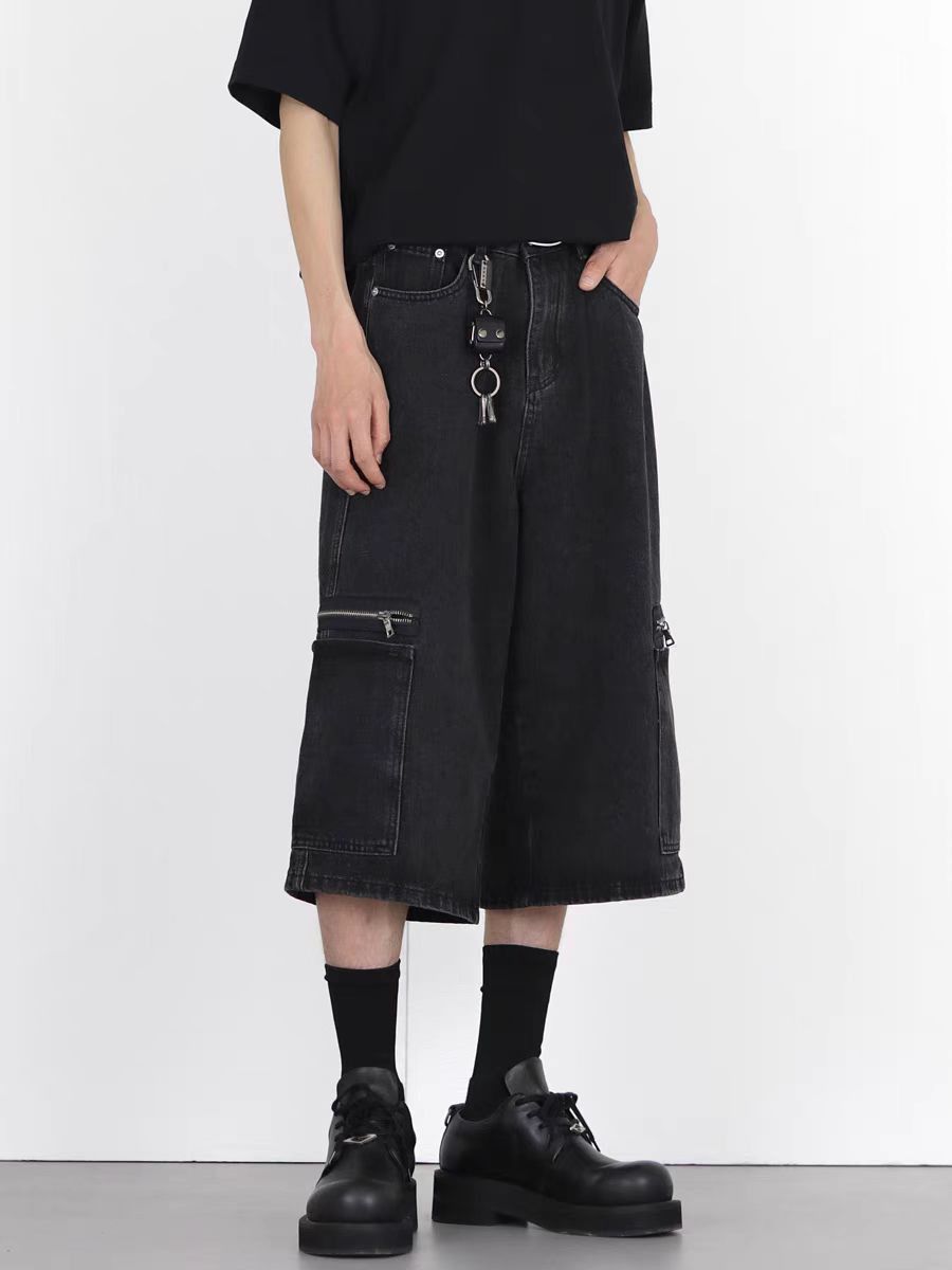 Vintage washed large pocket zipper baggy denim shorts