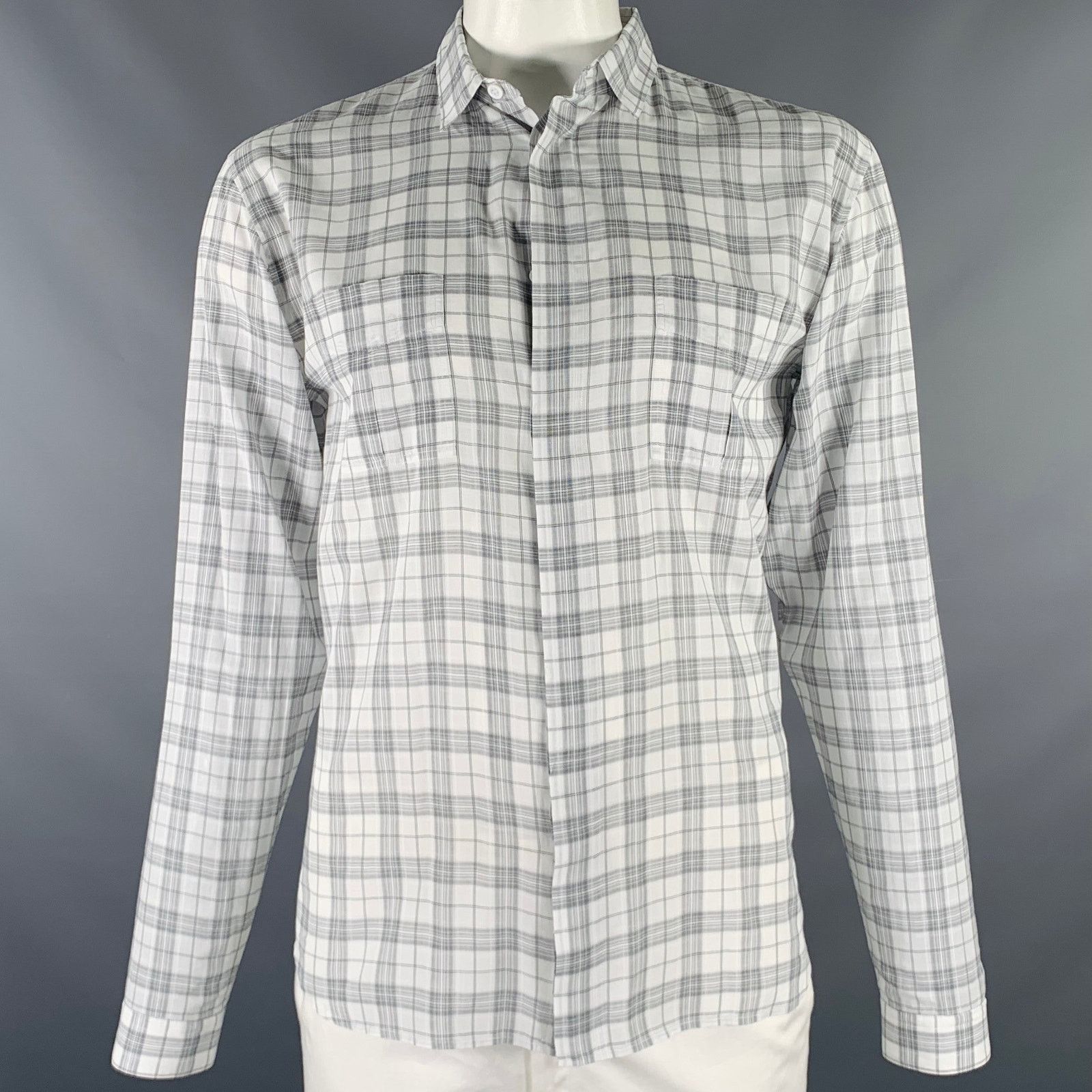 Dior L White Grey Plaid Cotton Button Up Long Sleeve Shirt Size US L / EU 52-54 / 3 - 1 Thumbnail