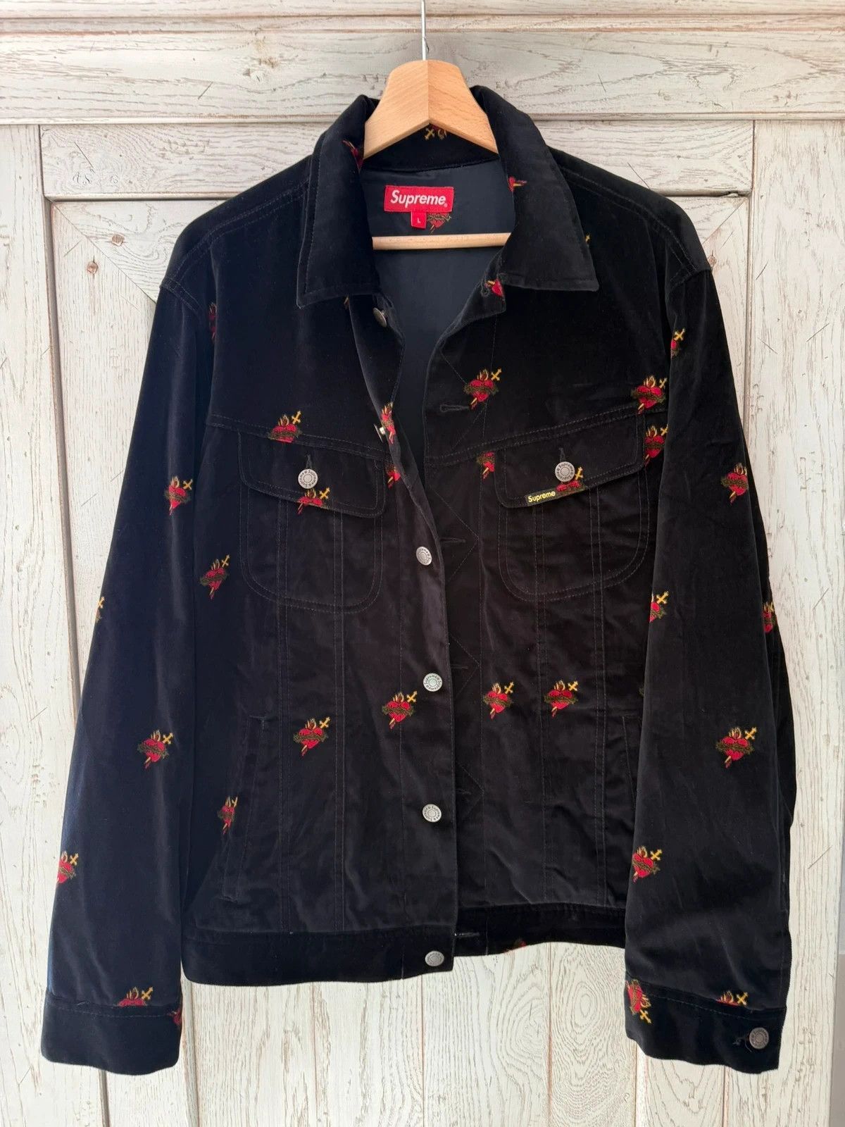 Supreme Trucker Velours Jacket Sacred Heart 2017 Size US L / EU 52-54 / 3 - 1 Thumbnail