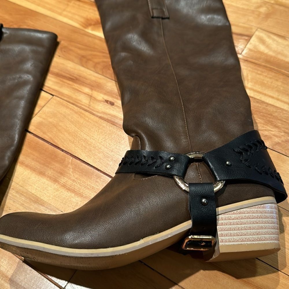 Other Dark brown, black buckle belt accent faux leather knee high Size US 8 / IT 38 - 2 Thumbnail