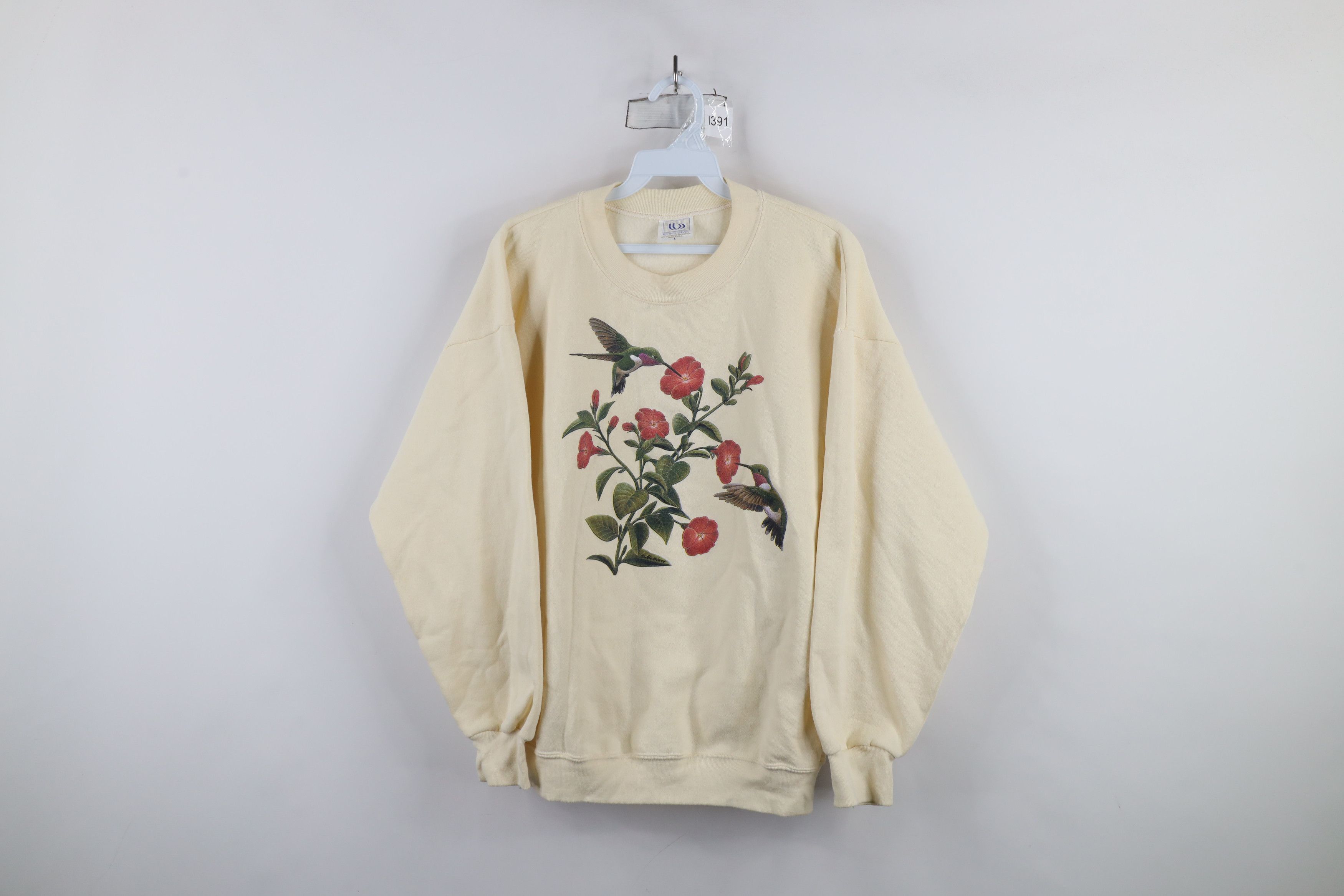 Vintage Vintage 90s Streetwear Hummingbird Sweatshirt Cream USA Size L / US 10 / IT 46 - 1 Thumbnail