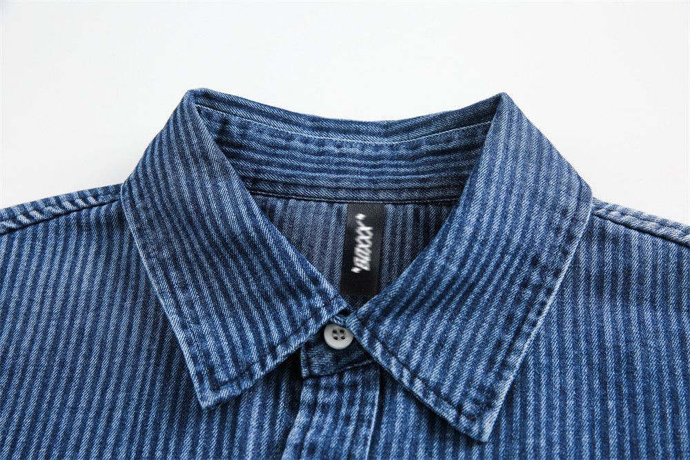 Japanese Brand × Vintage Men's street loose washed striped denim short-sleeved shirt Size US M / EU 48-50 / 2 - 3 Thumbnail