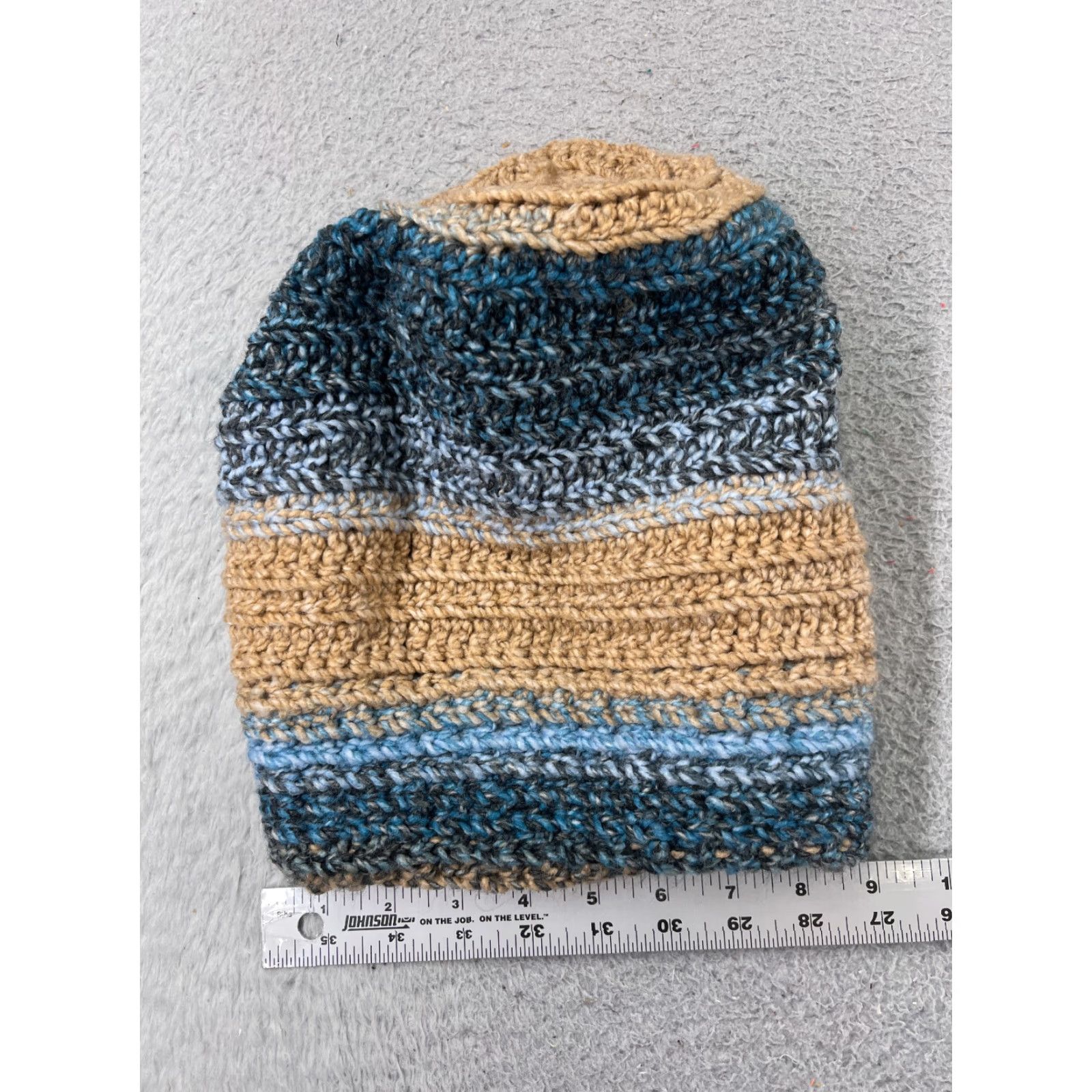 Vintage Handmade Beanie Toque Knit Acrylic Striped Adult One Size Blue Beige Button Hat Mens Women Adults Beanie Size ONE SIZE - 6 Thumbnail