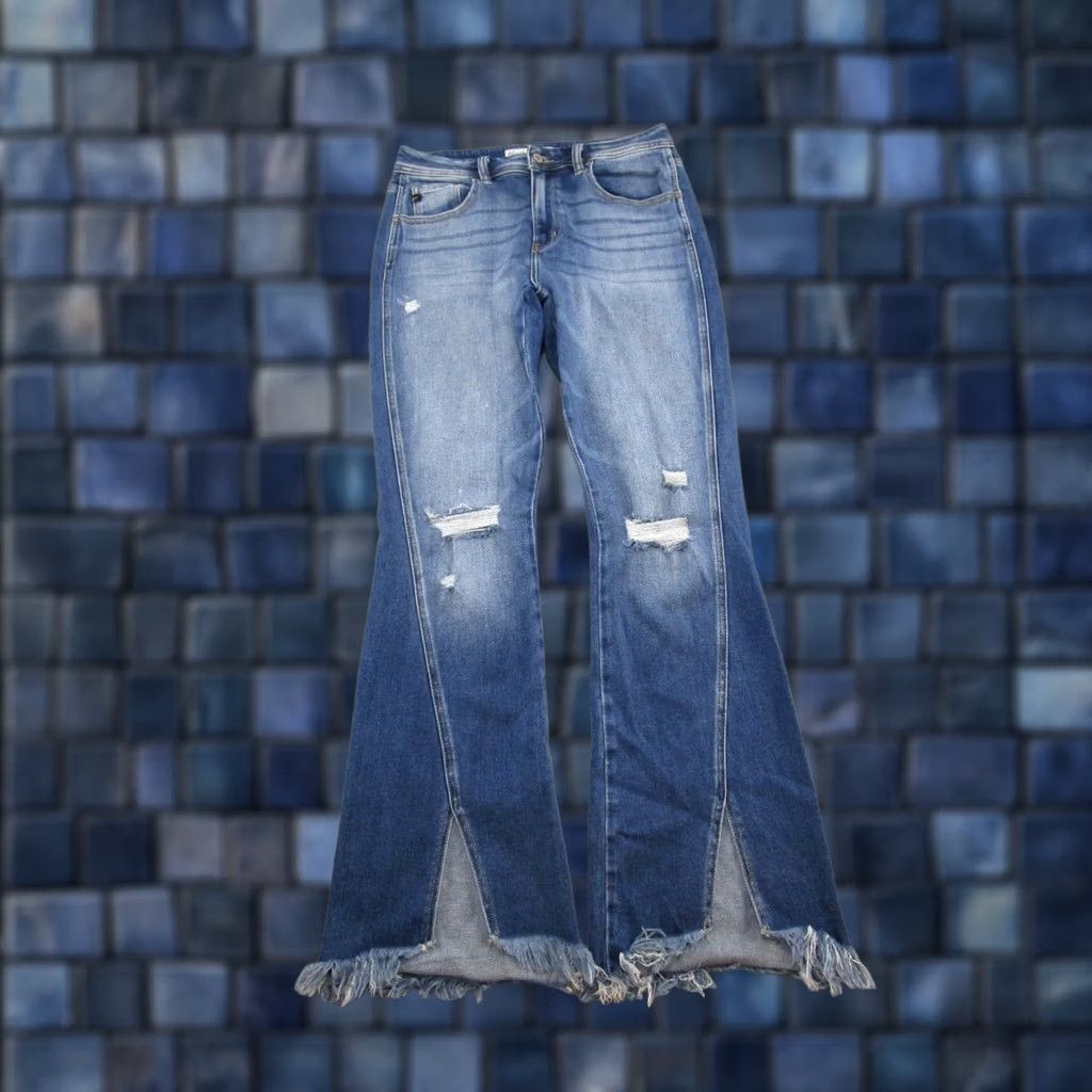 Vintage Kancan Jeans Womens Size 28 Blue Stretch Denim Distressed 5-Pocket Flared Raw Hem Jeans Size 28" / US 6 / IT 42 - 1 Thumbnail