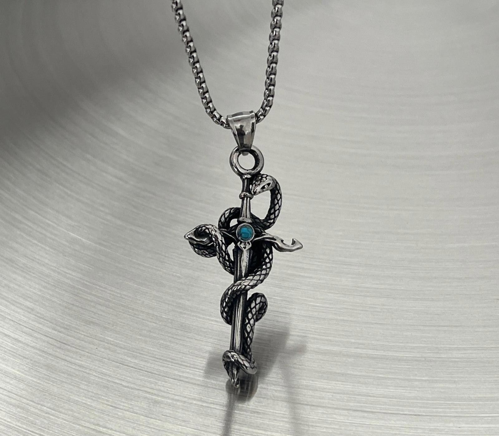 Jewelry Silver Snake & Cross - Blue Gemstone Pendant Necklace Size ONE SIZE - 5 Thumbnail