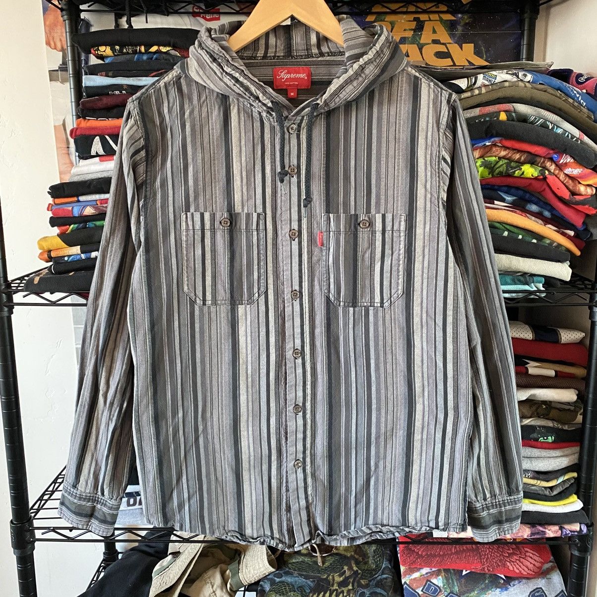 Supreme Striped Madras Hooded Shirt Grey 2014