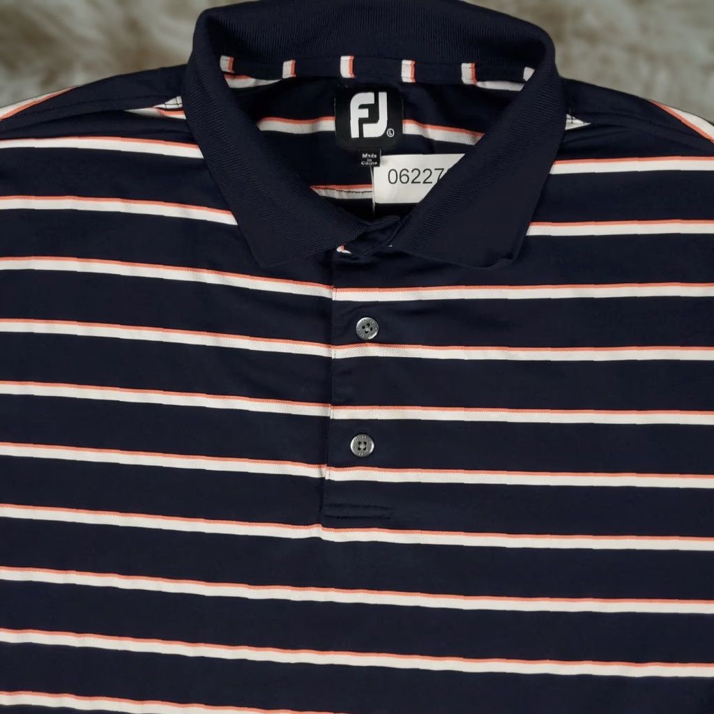 Footjoy FootJoy Polo Shirt Mens Large Navy Blue Orange White Striped Golf Performance Size US L / EU 52-54 / 3 - 1 Thumbnail